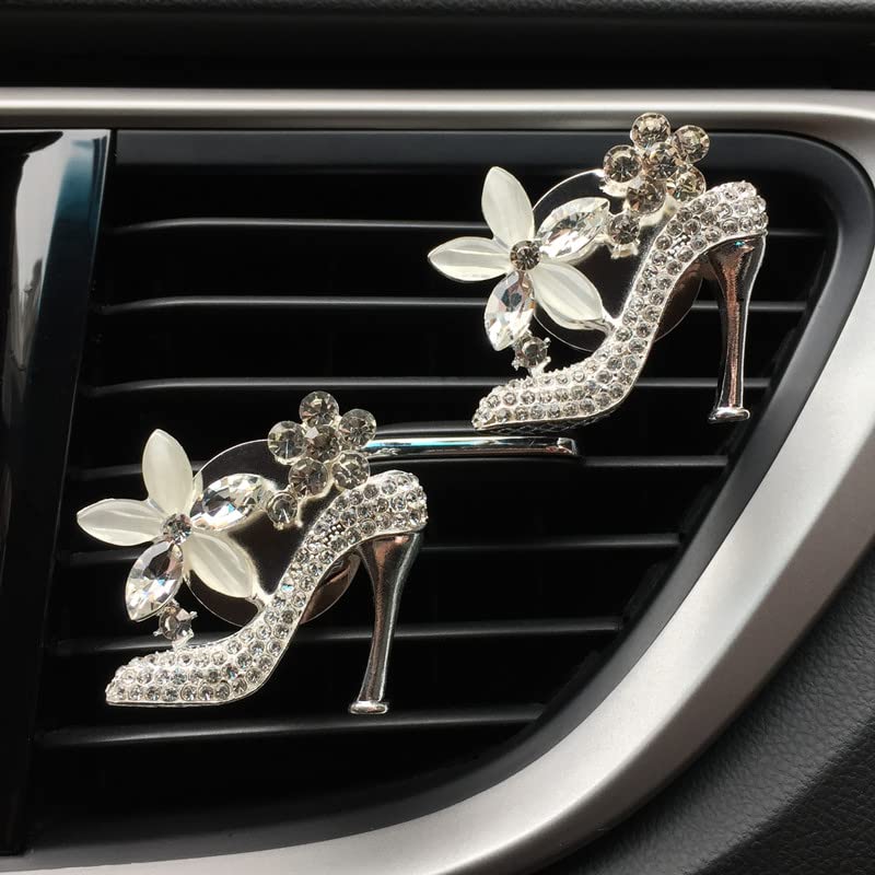 HungMieh 2PCS Rhinestone Car Air Vent Clips - Sparkling High Heel Shoe Charms with Cotton Pads for Fragrance | Elegant Bling Car Accessories for Women | Perfect for Gift, Dashboard Decor & Car Interior Styling