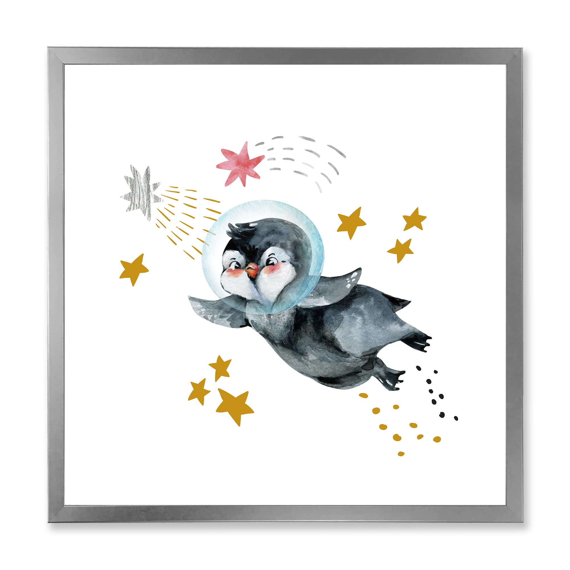 DesignQ Little Penguin Flying Stars and Planets Farmhouse Framed Wall Art - Nursery Decor, Kids Room Wall Art, Living Room Decor