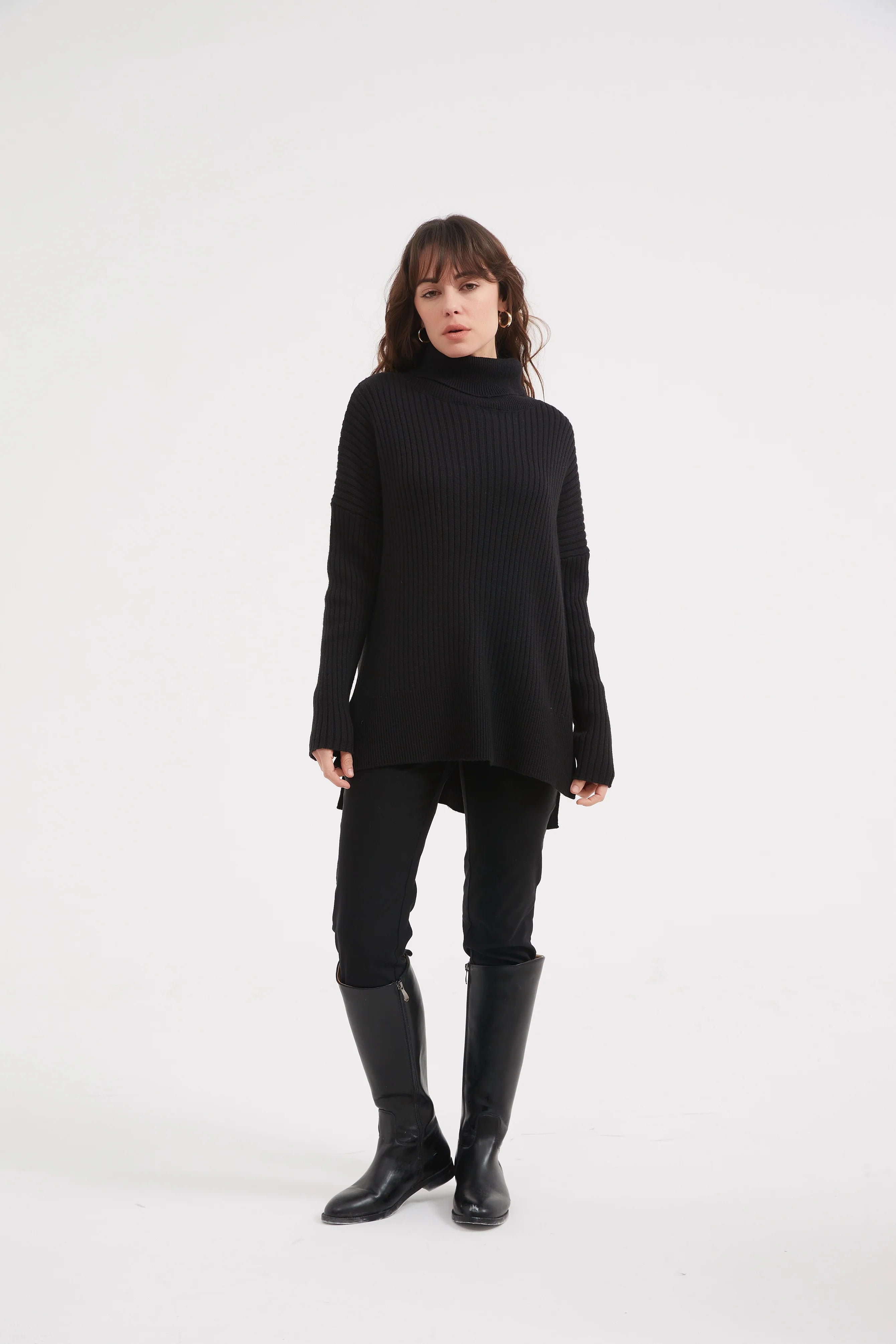 BOXY ROLL NECK KNIT SWEATER - BLACK WOMEN'S FASHION TOP for Casual Wear & Winter Outfits