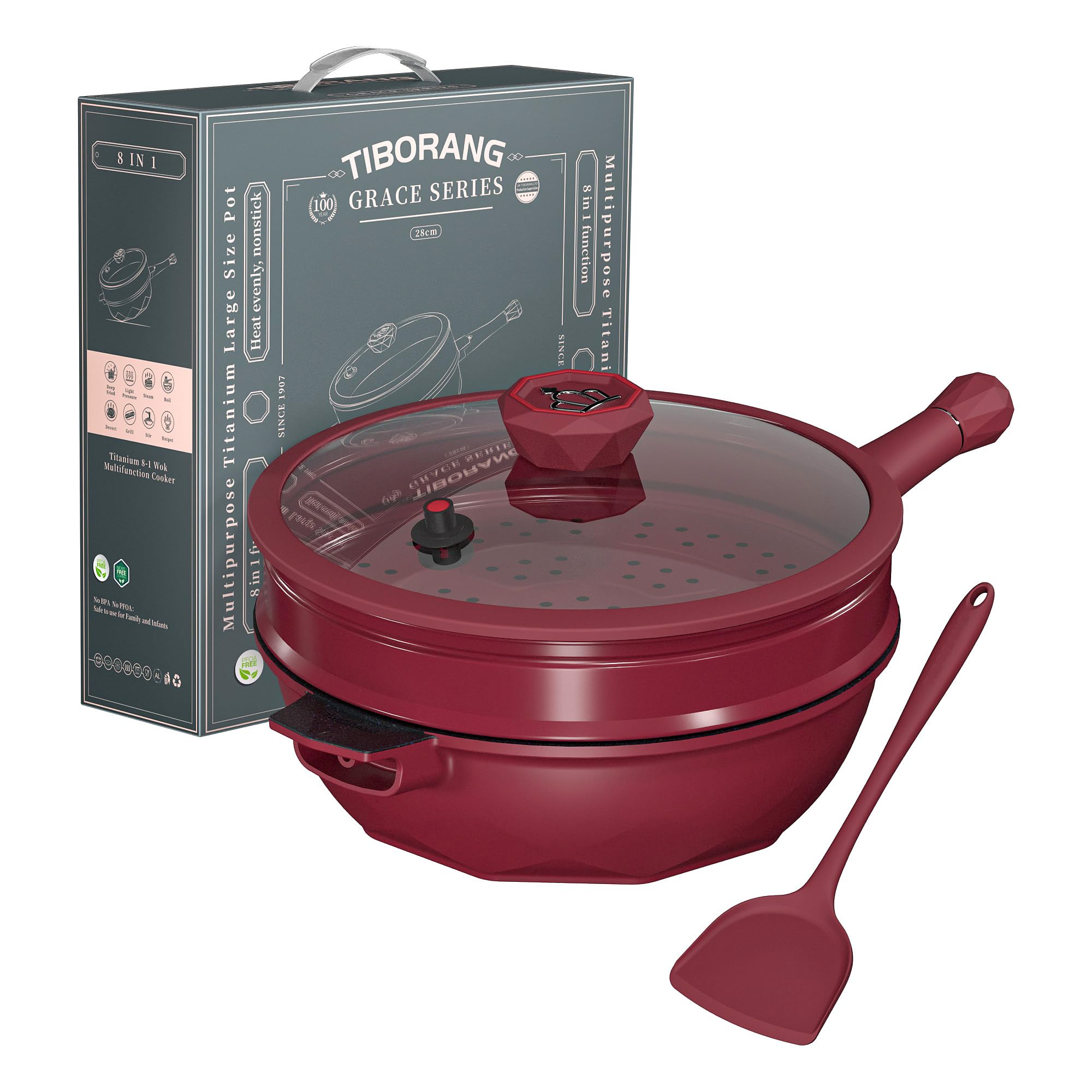 TIBORANG 8-in-1 Nonstick Deep Fry Pan with Glass Lid - 11 Inch 5 Quart Multi-Purpose Cookware with Heat Indicator, Stay-Cool Handle & Steamer Rack - PFOA-Free, Dishwasher & Oven Safe - Works with All Stovetops (Ruby Red) - Perfect for Frying, Steaming, Sautéing & Baking
