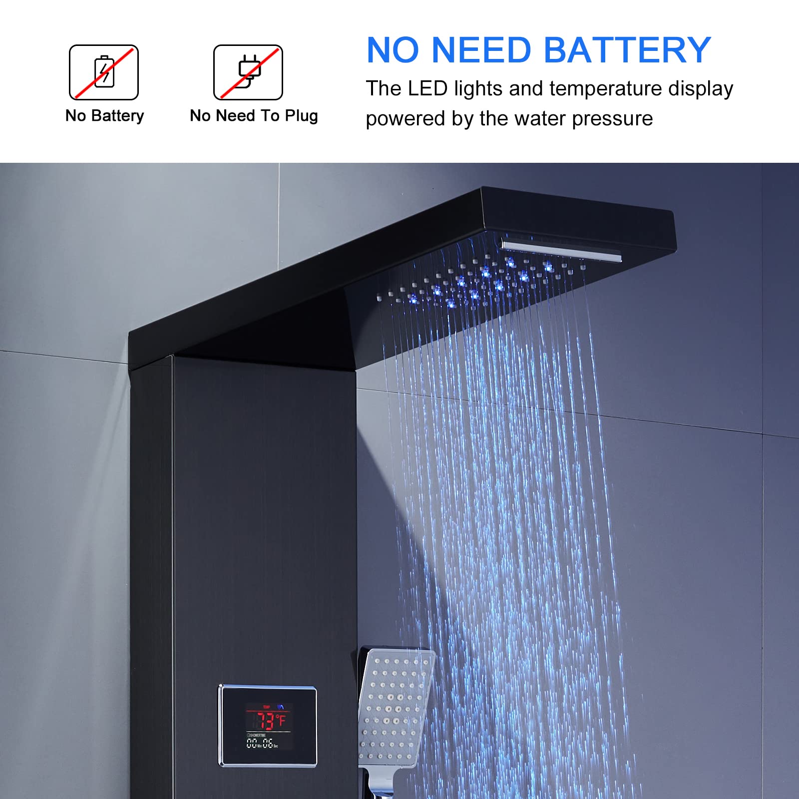 Premium LED Shower Panel Tower System - Black Stainless Steel 304 with 5-Function Rainfall, Waterfall & Body Jet Massage for Spa-Like Bathroom Experience | Perfect for Master Bathroom, Luxury Hotel & Wellness Center