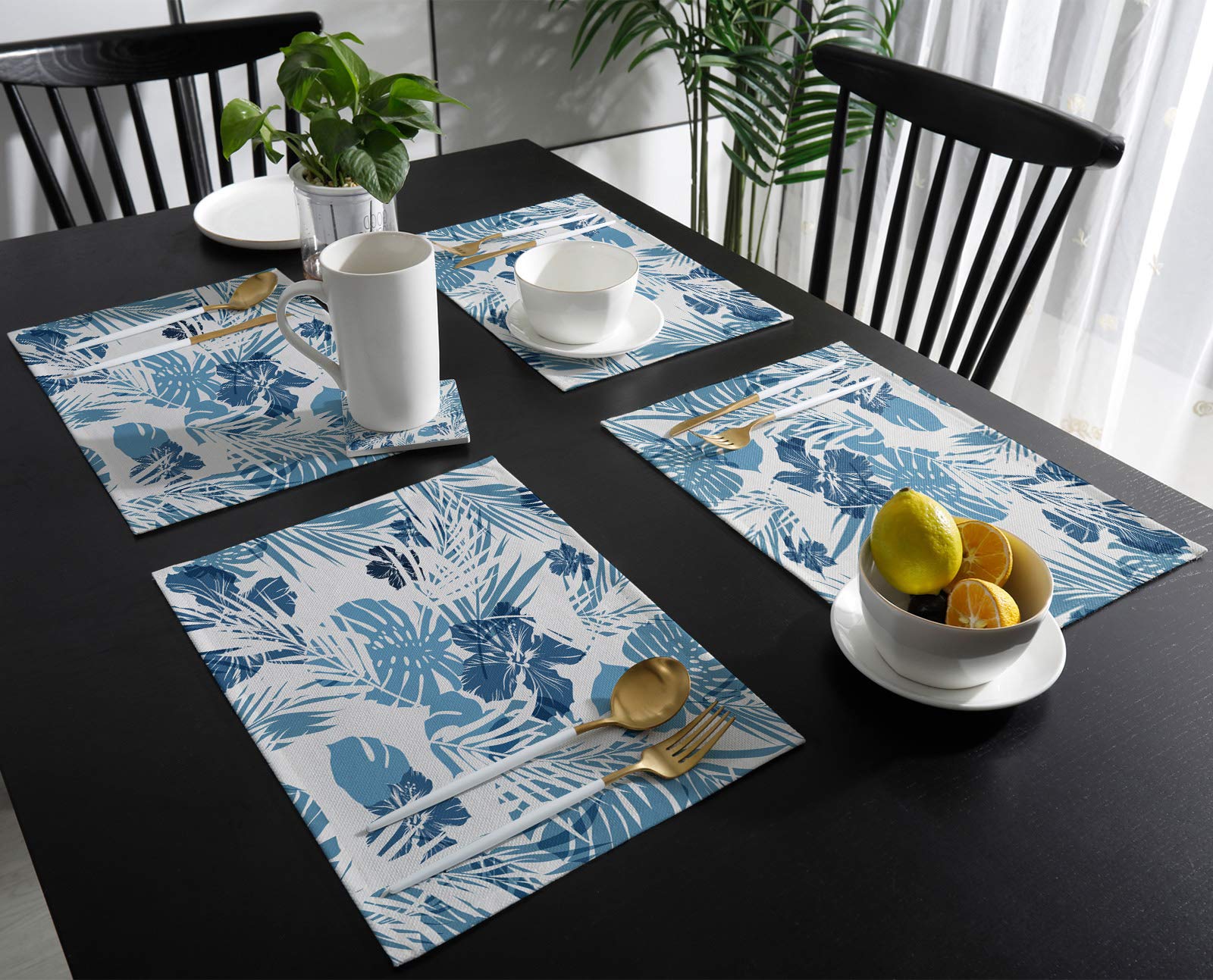 Tropical Blue Palm Leaf Cotton Linen Placemats Set of 4 - Heat Resistant, Non-Slip & Washable Table Mats for Dining Table Decor, Kitchen, Holiday Banquet - Perfect for Beach House, Summer Parties & Boho Home Decor