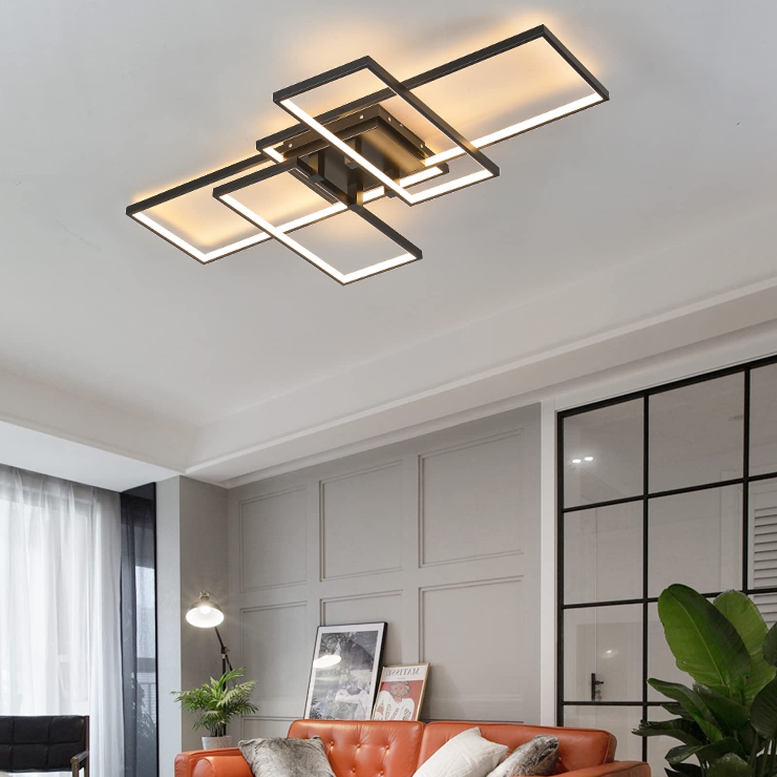 Becailyer 71W LED Flush Mount Ceiling Light with Remote - 4 Square Acrylic Modern Ceiling Lamp in Black - Dimmable 3000K-6000K for Bedroom, Kitchen, Living Room & Study - Perfect for Ambient Lighting and Home Decor