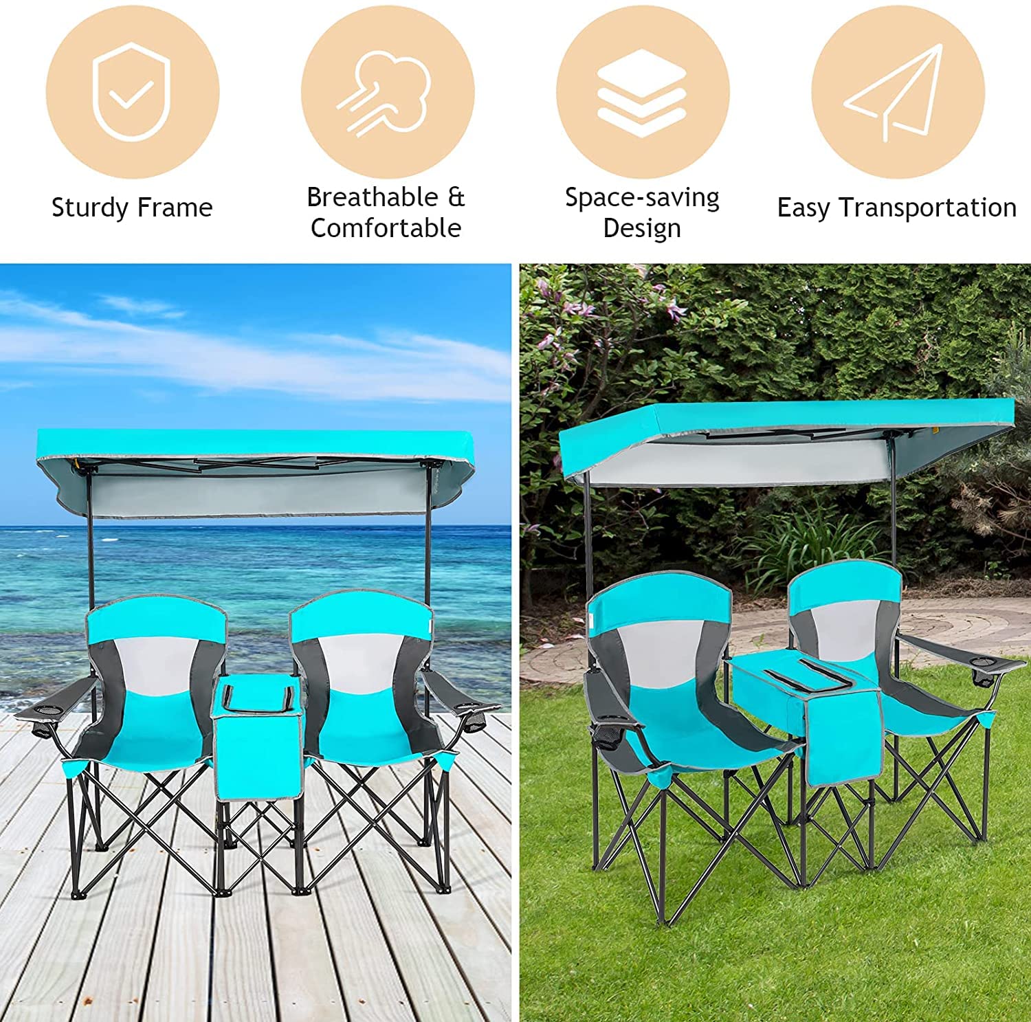 LUARANE Double Camping Chair with Shade Canopy - Portable Folding Beach Chair with Mini Table, Cup Holder & Carry Bag - Perfect for Beach, Park, Pool, Camping, Fishing & Outdoor Adventures