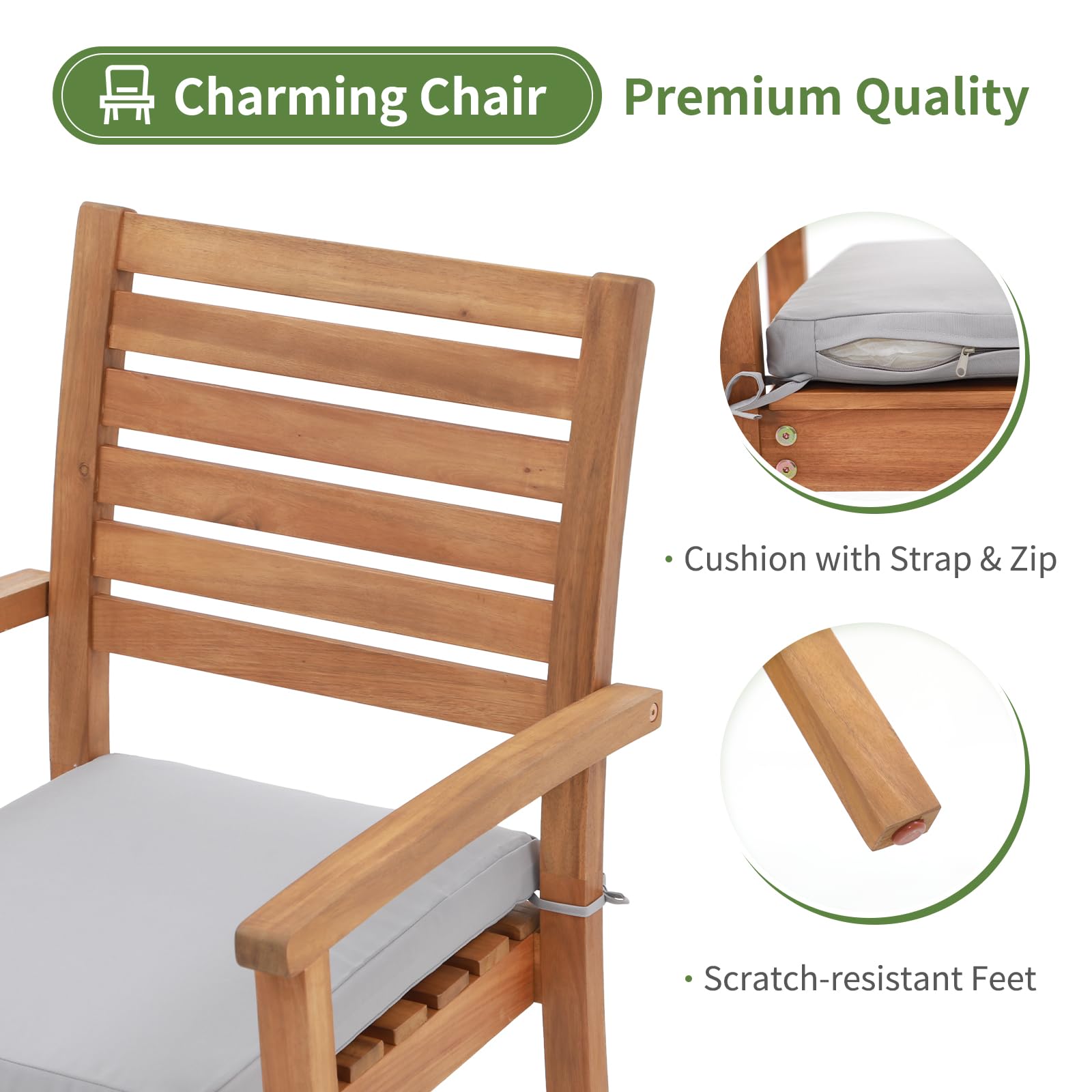 OC Orange-Casual 4-Piece Stackable Patio Dining Chair Set - Outdoor Acacia Wood Armchairs with Removable Fabric Cushions - Light Grey - Perfect for Porch, Backyard, Garden, and Indoor Dining Areas