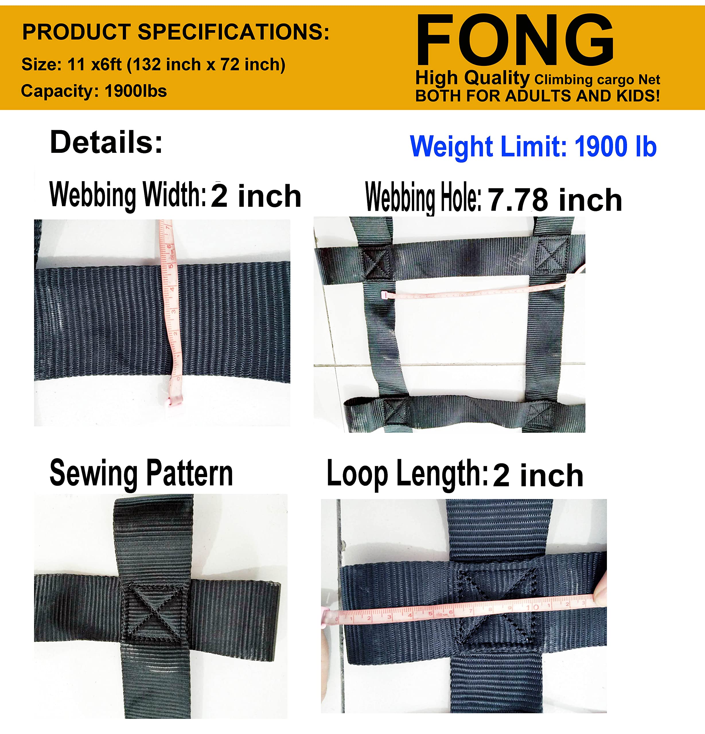 Fong 11 ft x 6 ft Heavy Duty Cargo Net - Black Climbing Net for Adults & Kids - Outdoor Play, Swingset Accessory, Backyard Gym Equipment - Perfect for Tree Climbing, Obstacle Courses & Adventure Training