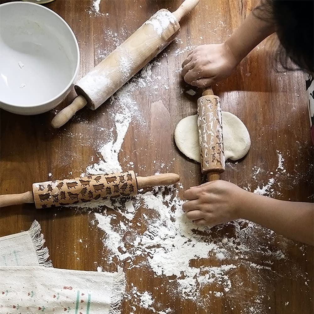 2 Pcs Embossed Wooden Rolling Pins - 3D Engraved Christmas Snowflake & Flower Pattern Dough Roller for Baking Cakes, Cookies, Pastry (14