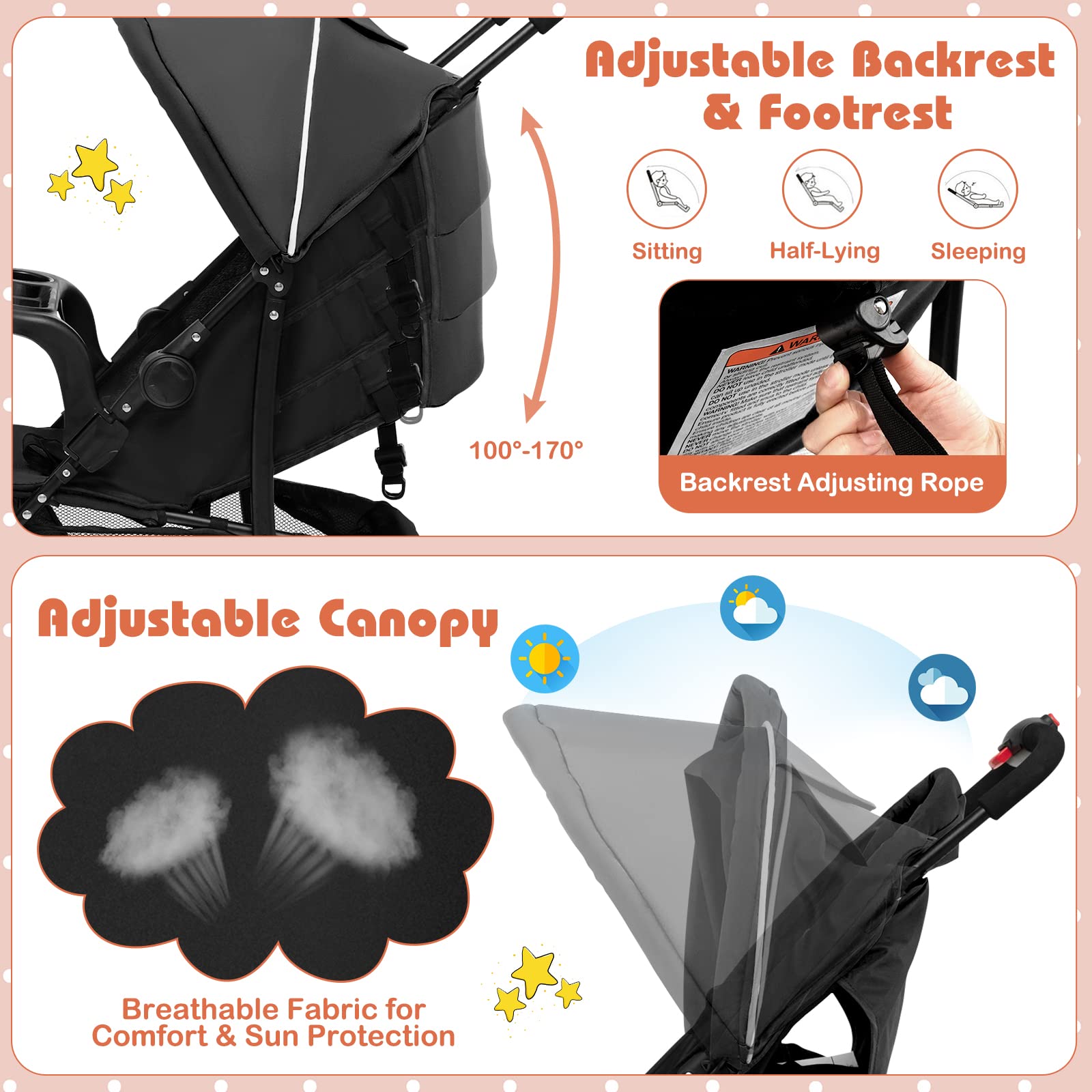HONEY JOY Lightweight Compact Travel Stroller for Toddlers & Infants - Adjustable Canopy, Reclining Backrest, Storage Basket - Airplane Approved Foldable Umbrella Stroller (Black) | Perfect for Air Travel, Shopping, Walks & Daily Use