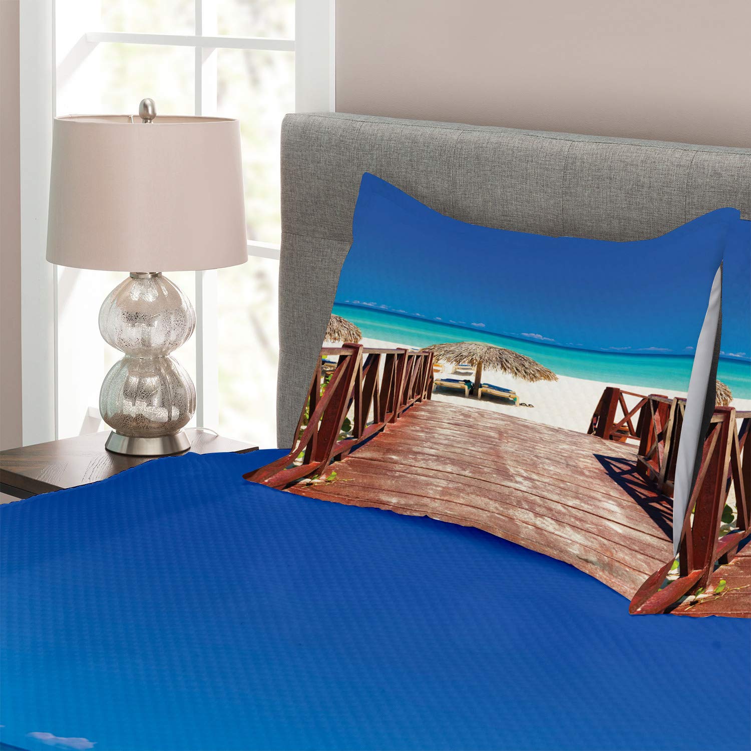 Ambesonne Beach Bedspread Set - King Size 3-Piece Coastal Bedding with 2 Pillow Shams | Tropical Cuba Summer Design in Chocolate Navy Turquoise | Perfect for Beach House Decor, Vacation Rental Bedrooms & Coastal Themed Master Suites