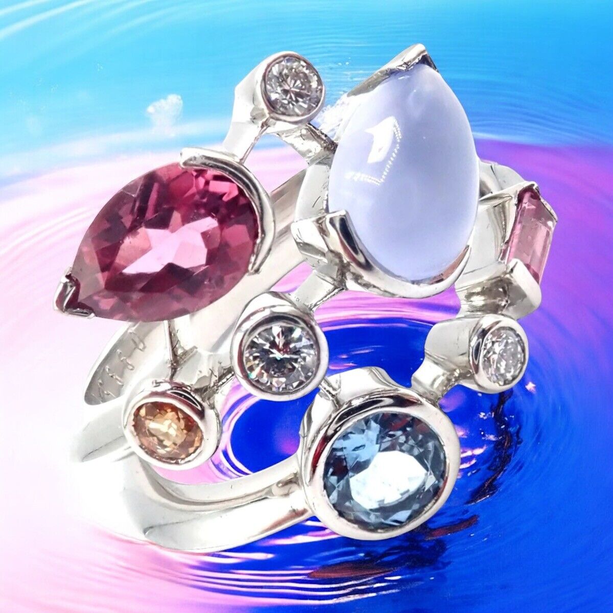 Authentic Cartier Meli Melo Platinum Ring with Chalcedony, Tourmaline, Garnet & Diamonds | Luxury Jewelry for Weddings, Anniversaries & Special Occasions