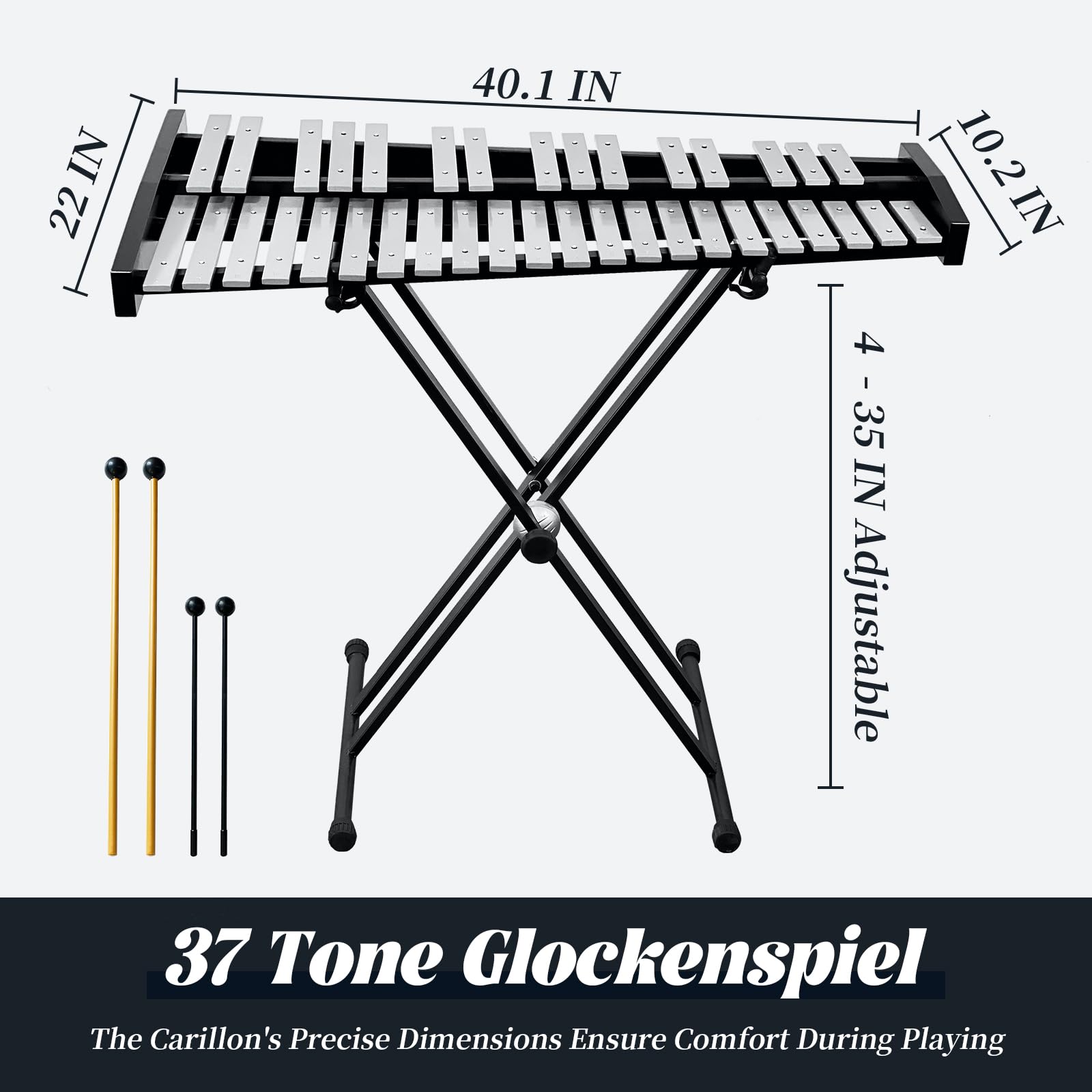 37-Key Foldable Aluminum Xylophone for Adults - Professional Glockenspiel with Adjustable Stand, 4 Mallets & Carrying Bag - Perfect for Music Education, Therapy & Live Performances
