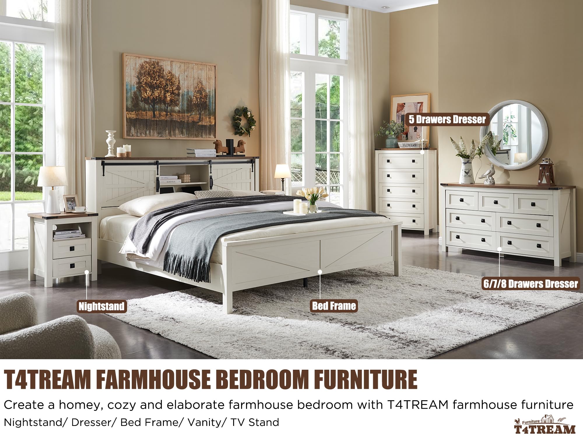 T4TREAM Farmhouse 5-Drawer Dresser Chest - Rustic Wood Tall Chest of Drawers for Bedroom Storage - Antique White Dresser Organizer for Bedroom, Living Room & Hallway - Perfect for Home Decor, Guest Rooms & Closet Organization
