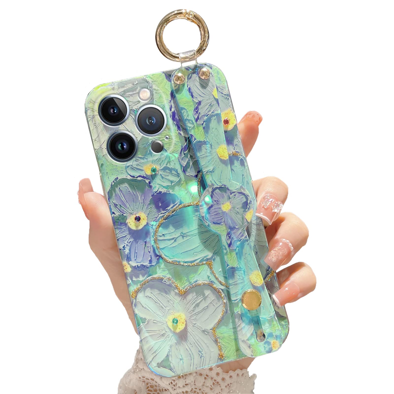 Elegant Bling Flower iPhone 13 Pro Max Case 6.7 Inch - Cute Slim TPU Shockproof Cover with Wrist Strap & Kickstand for Women & Girls | Perfect for Daily Use, Work & Social Events