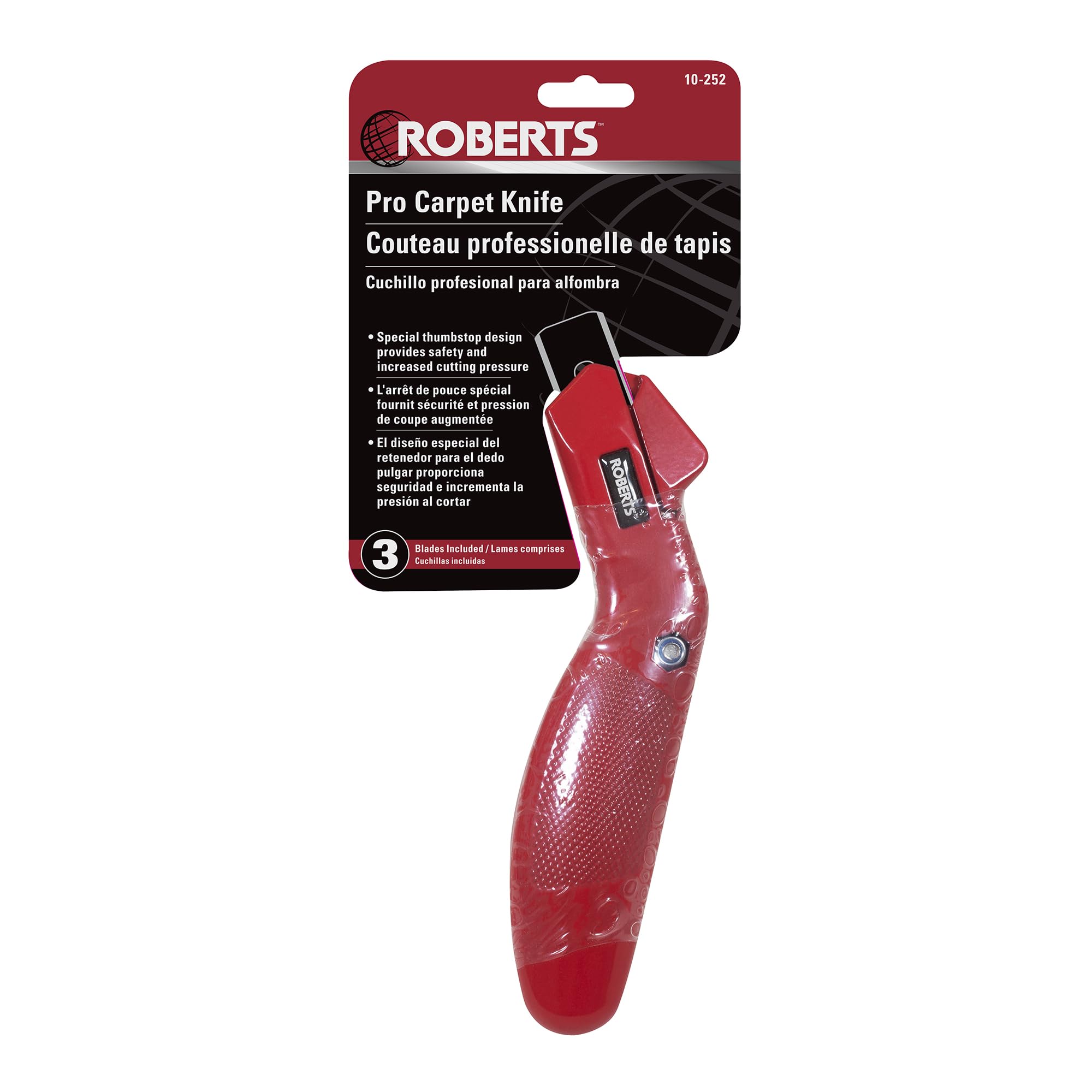 ROBERTS 10-252 Professional Carpet Knife with 3 Blades - Heavy Duty Red Utility Cutter for Carpet Installation, Flooring Projects & DIY Home Renovations