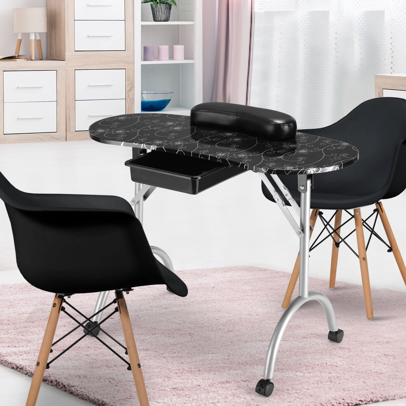 Giantex Portable Foldable Nail Tech Table with Large Drawer, Wrist Rest & 4 Lockable Casters - Professional Manicure Station for Salon Technicians (Black) | Includes Carrying Bag - Perfect for Home & Professional Nail Salons, Mobile Nail Services & Beauty Studios