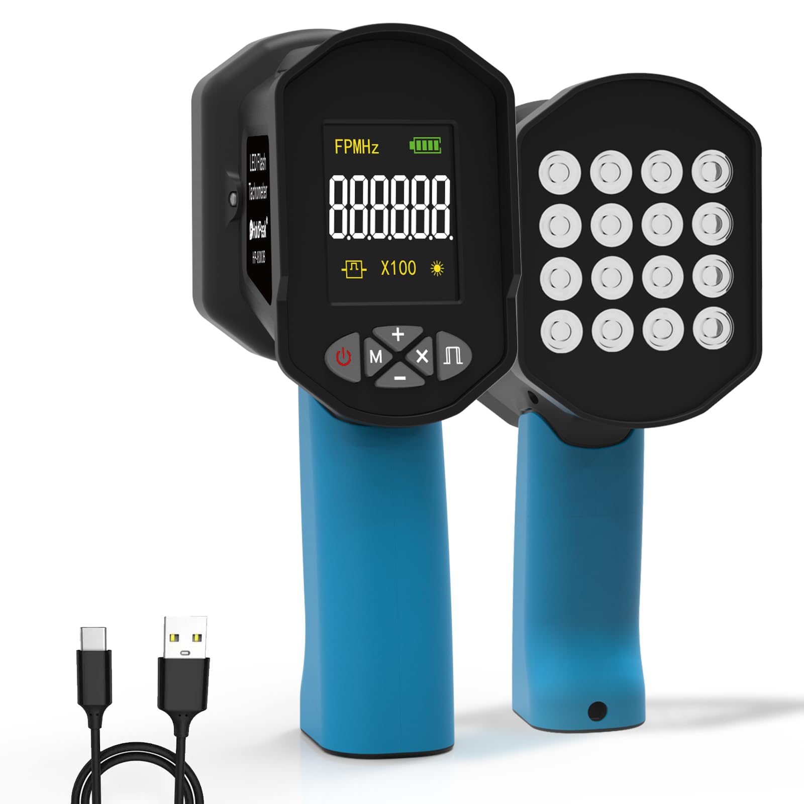 60-100000RPM Digital LED Stroboscope Tachometer - Non-Contact Handheld Strobe Light with 16 Adjustable LED Beads, LCD Display & USB Charging | Perfect for Fan Speed Testing, HVAC Motor Diagnostics, Tire Rotation Analysis & Engine RPM Measurement