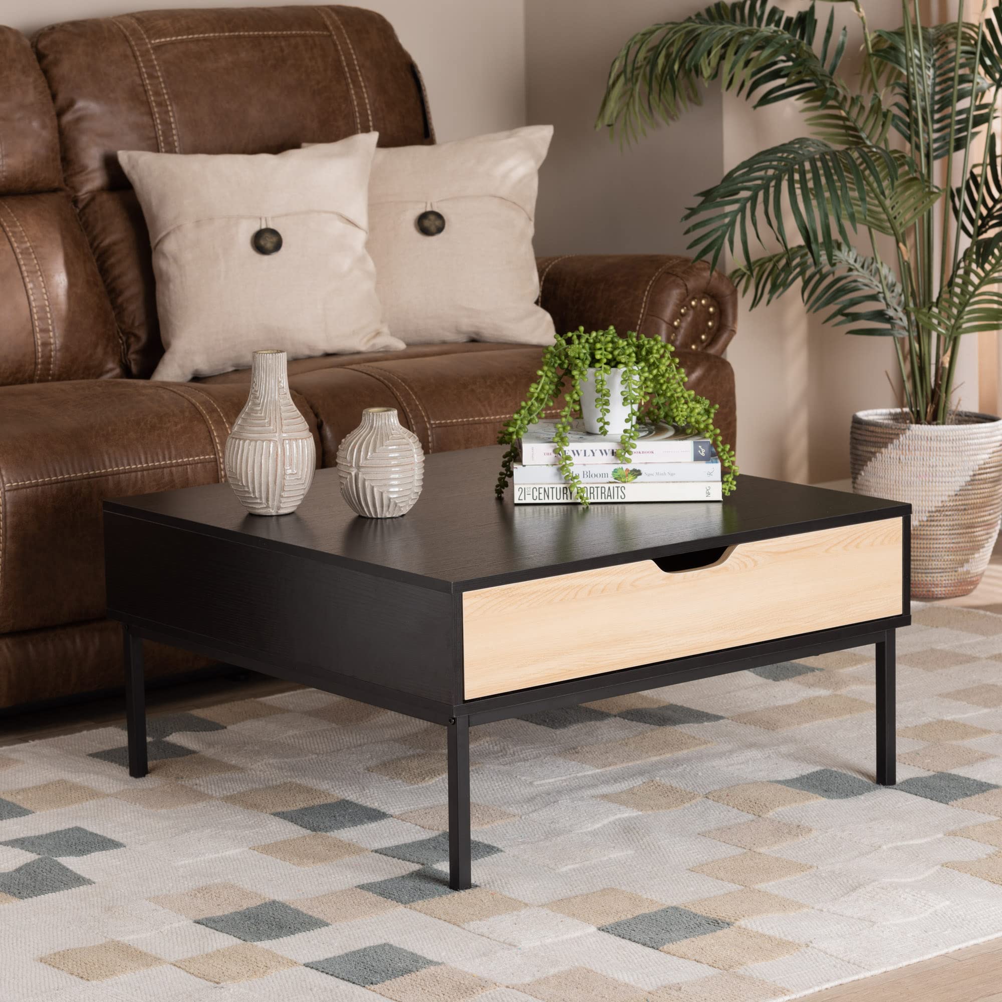 Baxton Studio Haben Coffee Table - Solid Oak Wood with Brown/Black Finish - Modern Living Room Furniture for Home & Office Decor