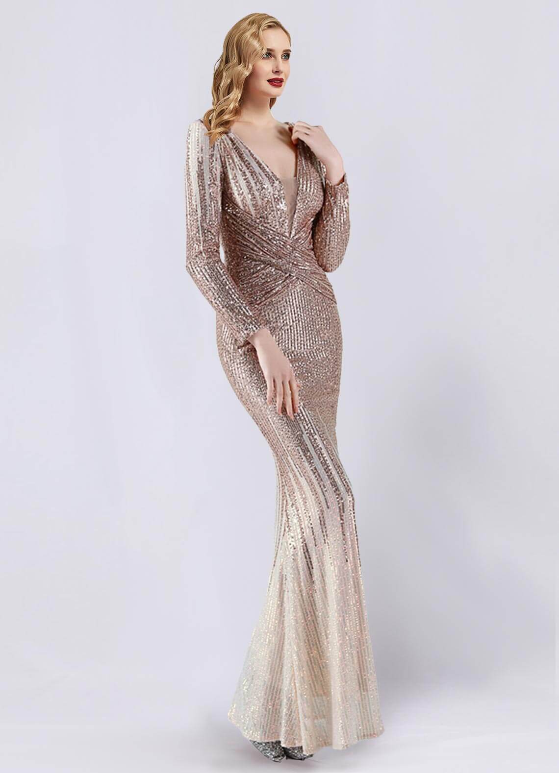 Elegant Champagne Gold Sequin Long Sleeve V-Neck Floor Length Formal Gown for Women - Perfect for Evening Parties, Prom, Wedding Guest & Special Occasions
