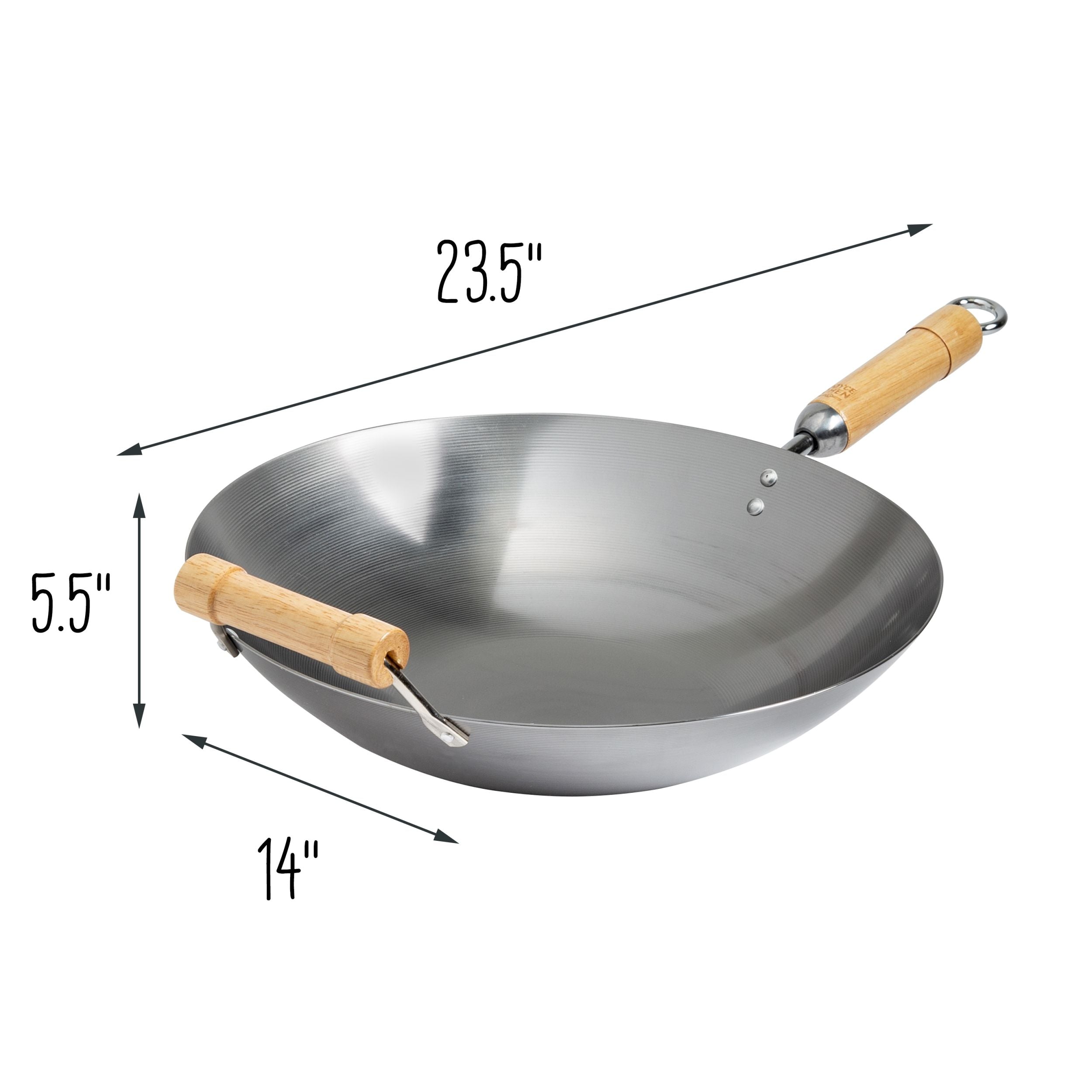 14 Inch Round Bottom Carbon Steel Wok with Wooden Handles - Professional Chinese Stir Fry Pan for Home Cooking, Restaurant Use & Outdoor Camping
