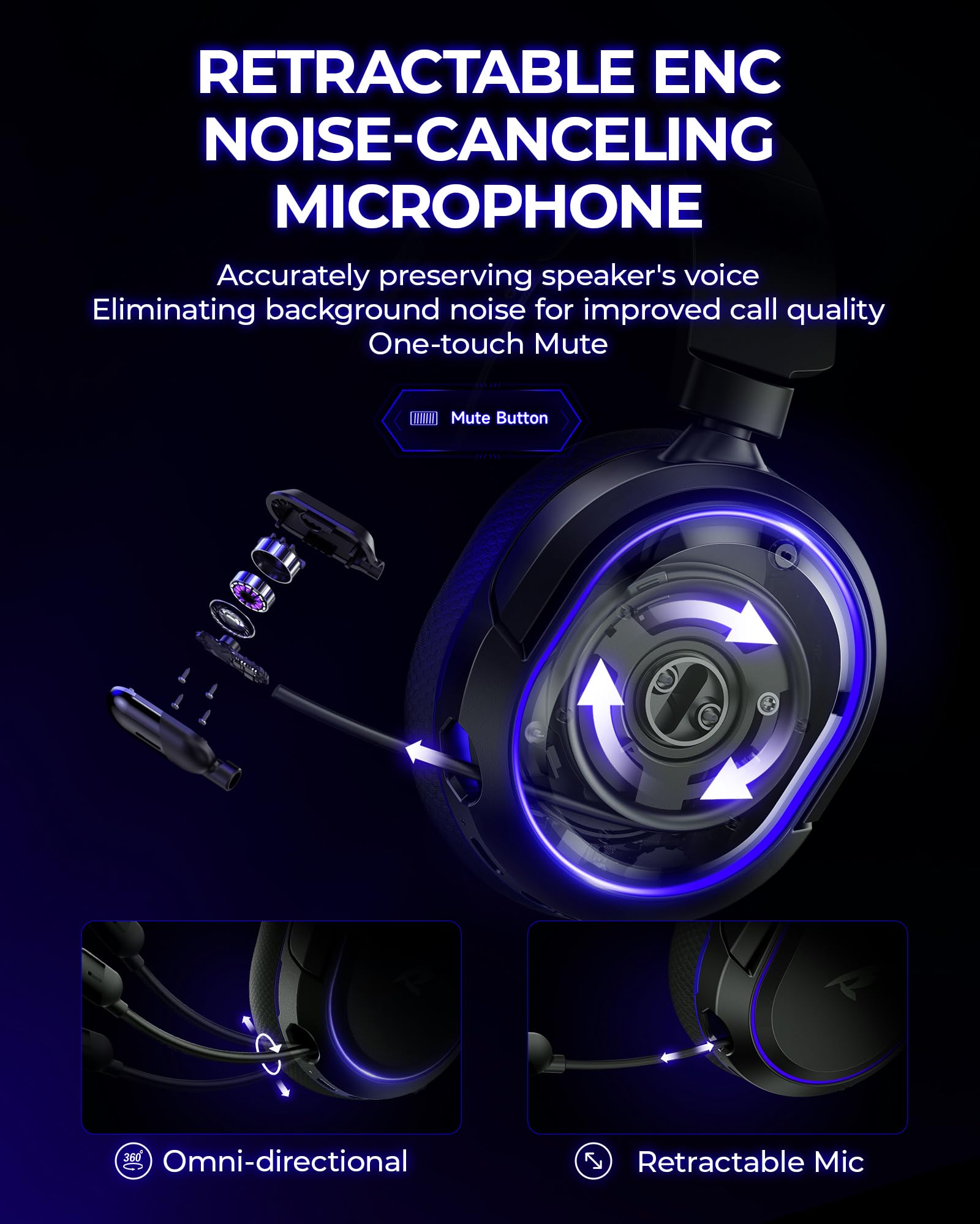 Wireless Gaming Headset with 7.1 Surround Sound & Bluetooth 5.4 | 100H Battery Life | ENC Noise Canceling Mic | RGB Lighting | Compatible with PC, PS5, PS4, Mac & Nintendo Switch | Perfect for Competitive Gaming & Streaming (Black-Blue)