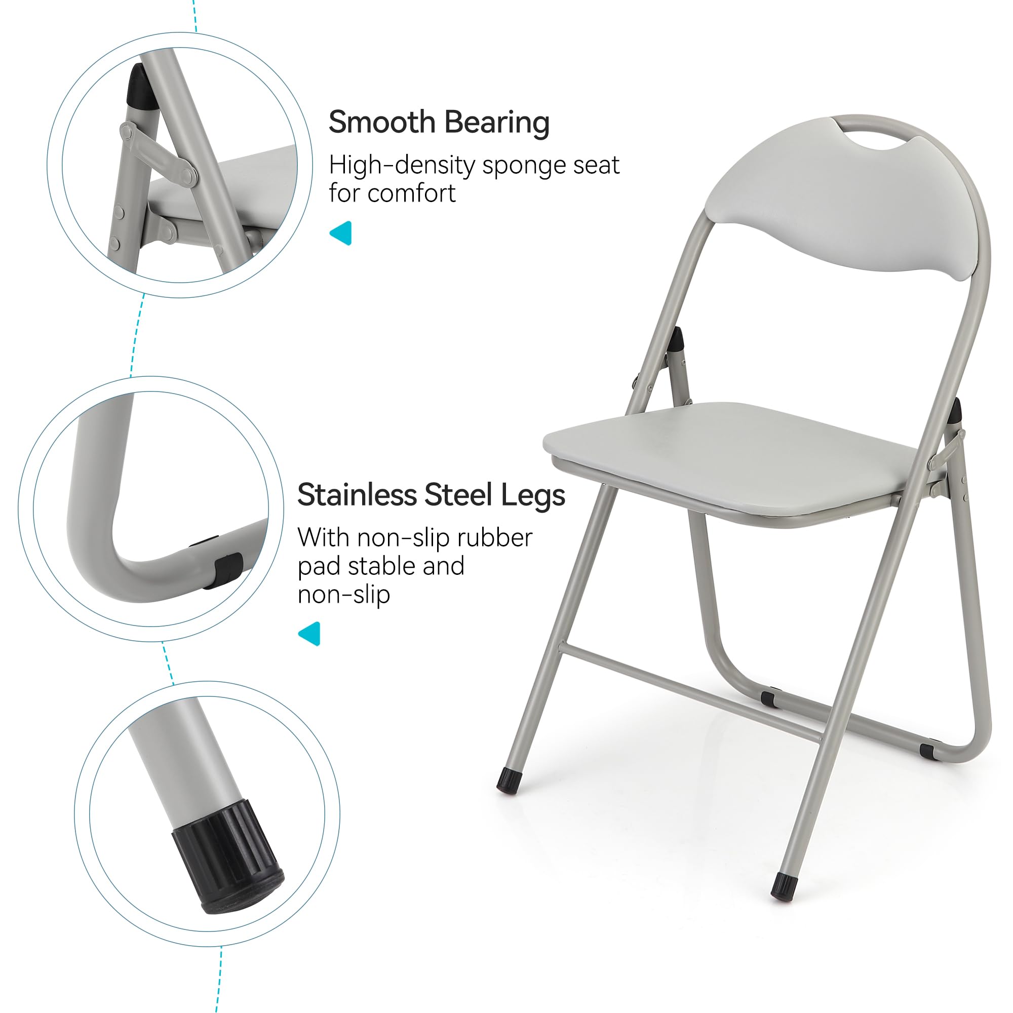 4 Pack Folding Chairs with Cushion - Portable Metal Stackable Chairs for Indoor & Outdoor Events - Non-Slip Feet Pads, Grey - Perfect for Parties, Weddings, Picnics and Home Use