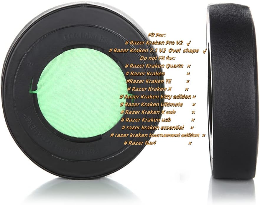 Razer Kraken Pro V2 Replacement Ear Pads - Oval Green Memory Foam Cushions for Razer Kraken Pro 7.1 V2 & Pro V2 Headset - Comfortable Gaming Headphone Earmuffs - Perfect for Long Gaming Sessions & Office Work