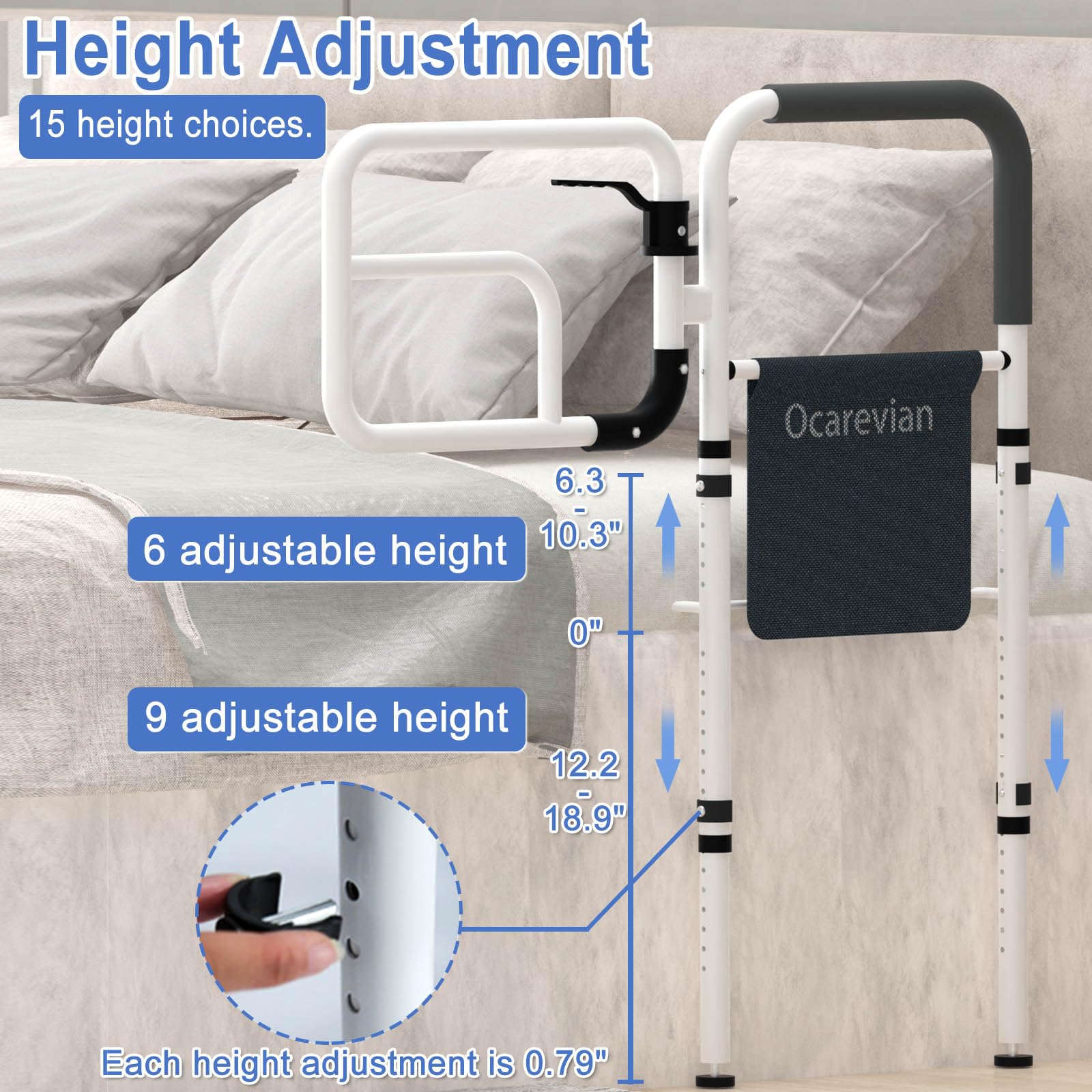 Elderly Bed Safety Rails for Adults & Seniors - Adjustable Bed Guard Rails with Storage Pouch for King, Queen, Full & Twin Size Beds - Perfect for Fall Prevention & Assisted Sleeping