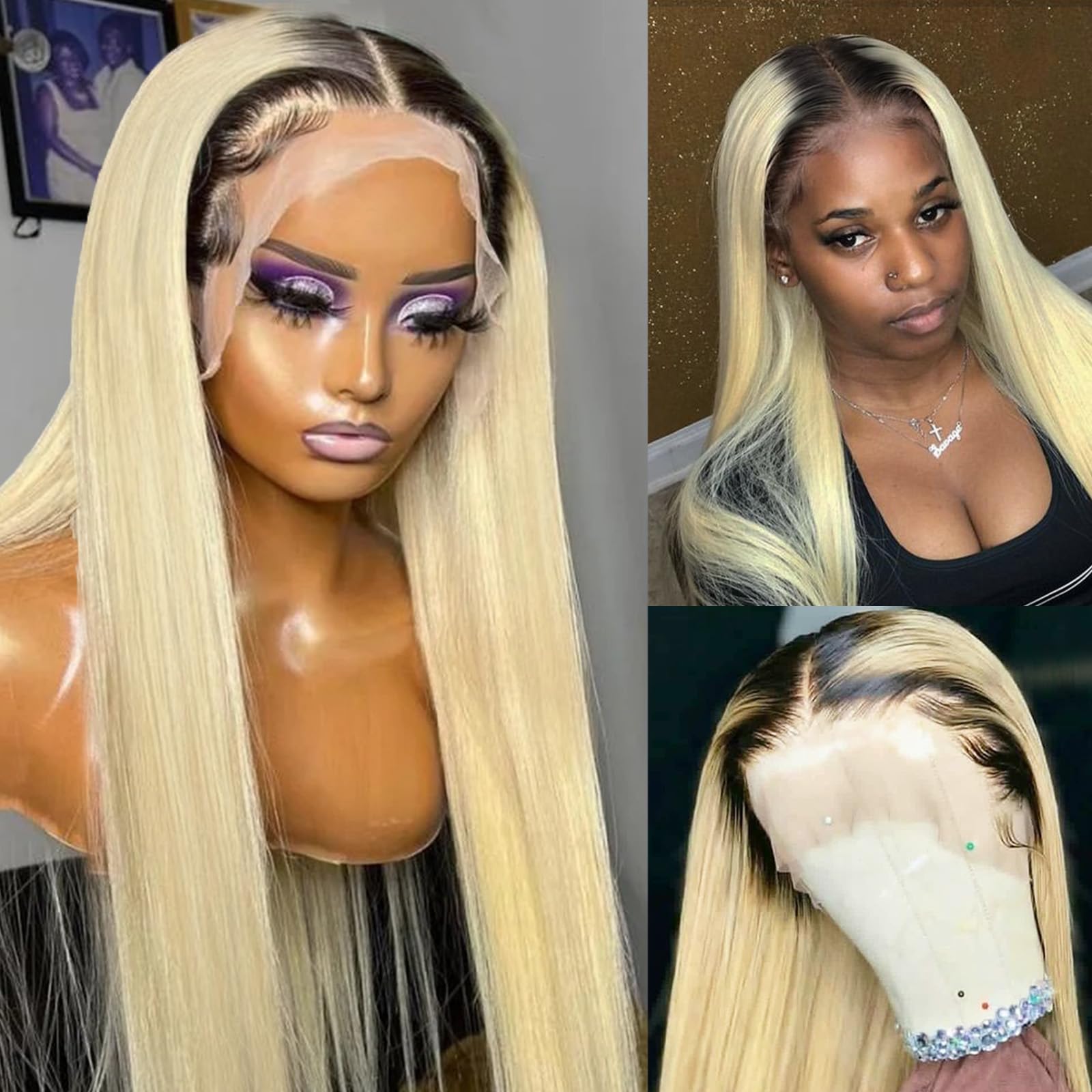 13x4 Blonde Ombre Lace Front Wig Human Hair 1B613 - 20 Inch Straight Glueless Ombre Human Hair Wigs for Black Women with Dark Roots & Pre-Plucked Hairline (150% Density) - Perfect for Daily Wear, Cosplay, and Special Occasions