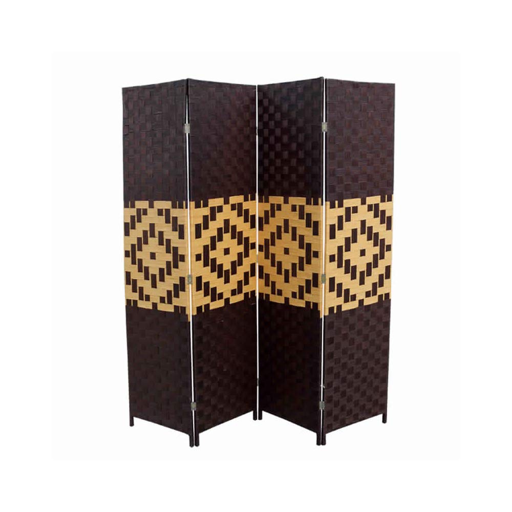 Benjara 4-Panel Folding Room Divider Screen - Handwoven Paper Straw & Wood in Brown & Yellow - Perfect for Home, Office, or Event Space Partition
