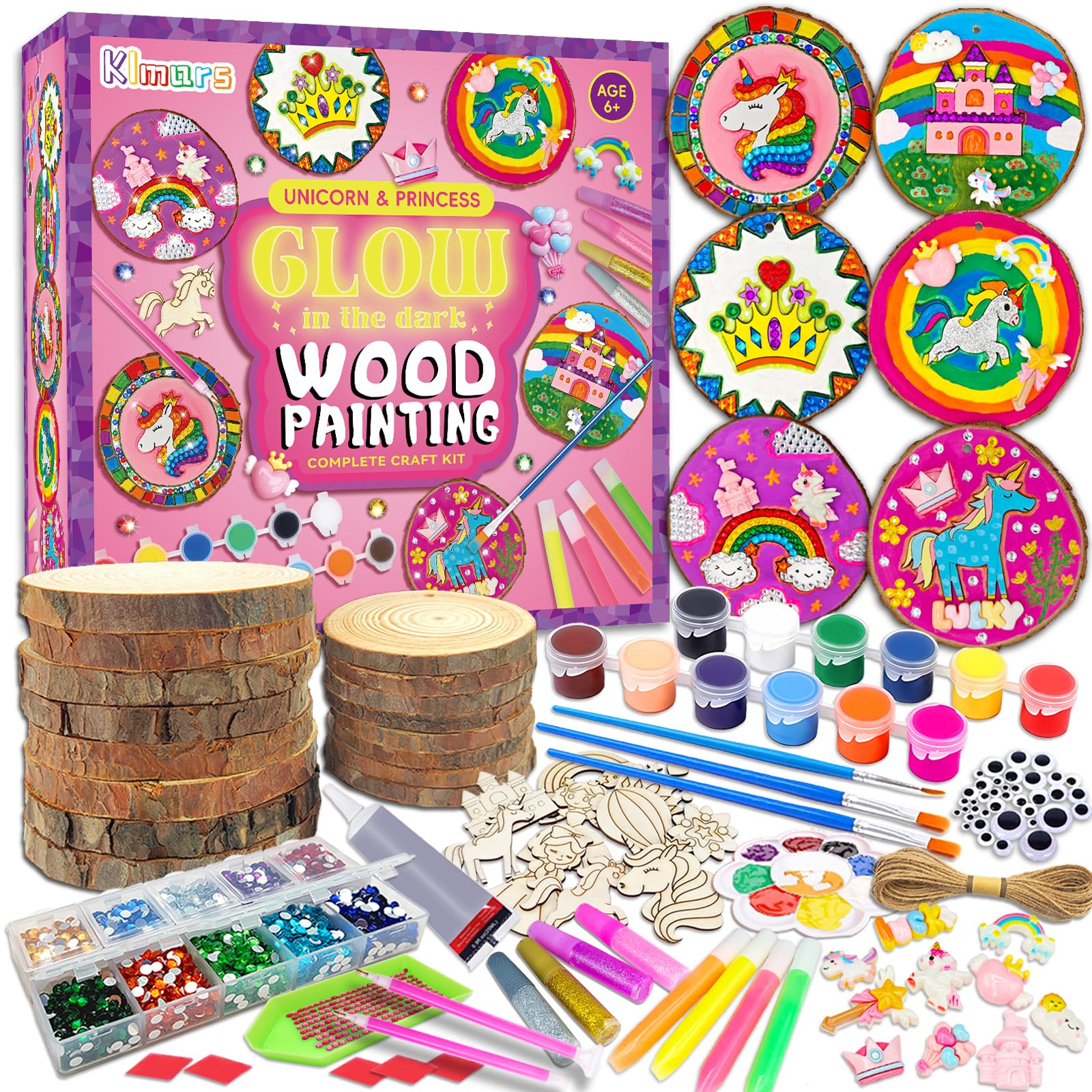 Klmars Glow in The Dark Unicorn Wooden Painting Kit - DIY Arts & Crafts for Kids Ages 5-12 - Creative Wood Slice Art Activity Set - Perfect Christmas Gift for Girls | Birthday Party, Home Decor, Preschool Learning Activity