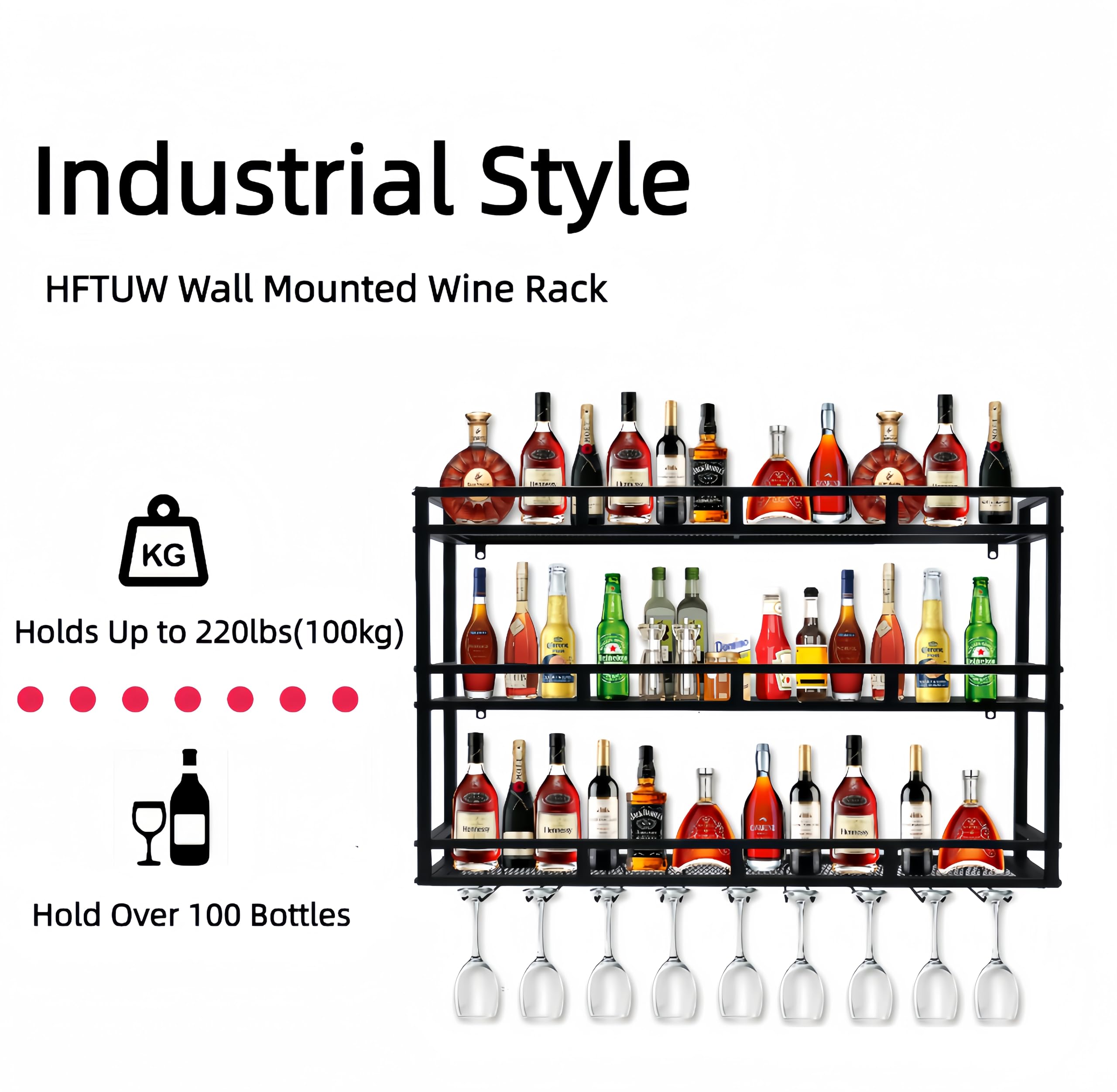 3-Tier Wall Mounted Metal Wine Rack with LED Lights - Large Capacity Liquor Bottle Storage Shelf with Glass Holder (Black, 31in/80cm) - Perfect for Home Bars, Dining Rooms & Kitchen Decor