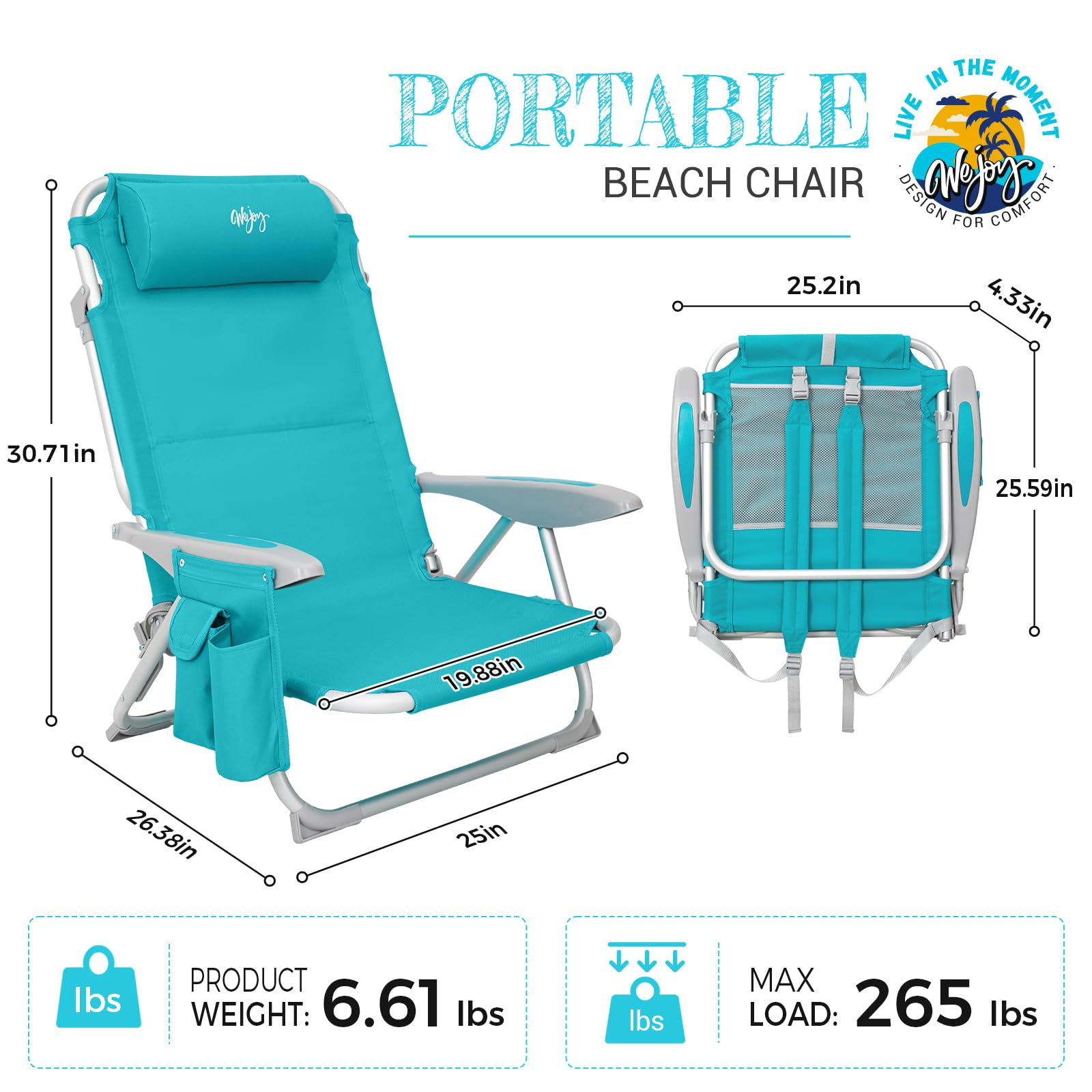 WEJOY 4-Position Aluminum Folding Beach Chair for Adults - Lightweight Low Sand Chair with Shoulder Strap, Cup Holder & Padded Headrest - Supports 265lbs - Perfect for Beach, Lawn, Camping & Outdoor Relaxation (Cyan Pattern)