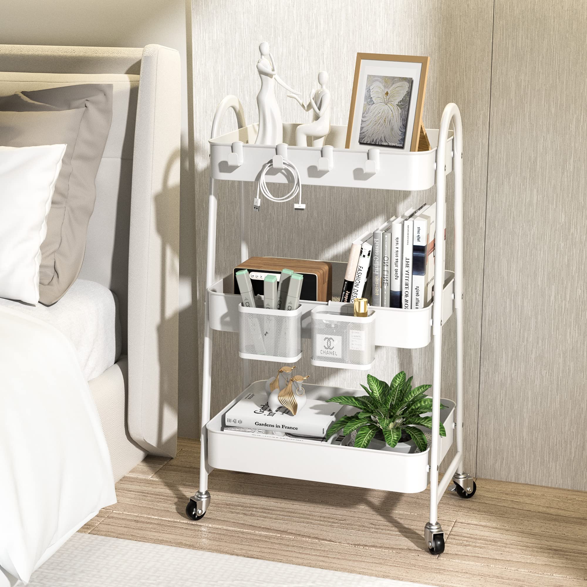 KINGRACK 3-Tier Rolling Utility Cart with Lockable Wheels & Handle - Metal Storage Cart with 2 Hanging Baskets & 4 Hooks - Perfect for Kitchen, Bathroom, Office, Dorm Room, Laundry Room & Garage Organization (White)