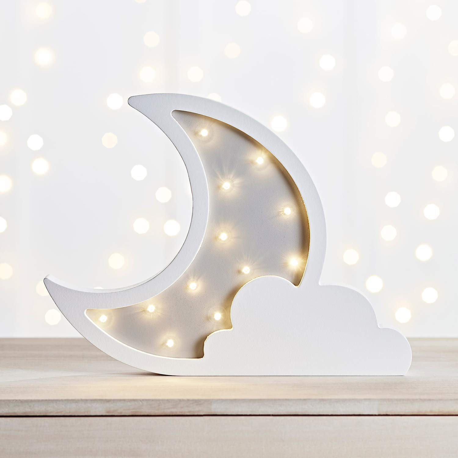 Wooden Moon & Cloud Night Light - Battery Operated LED Table & Wall Lamp with Timer, Warm White - Perfect for Nursery, Bedroom, or Home Decor Ambiance