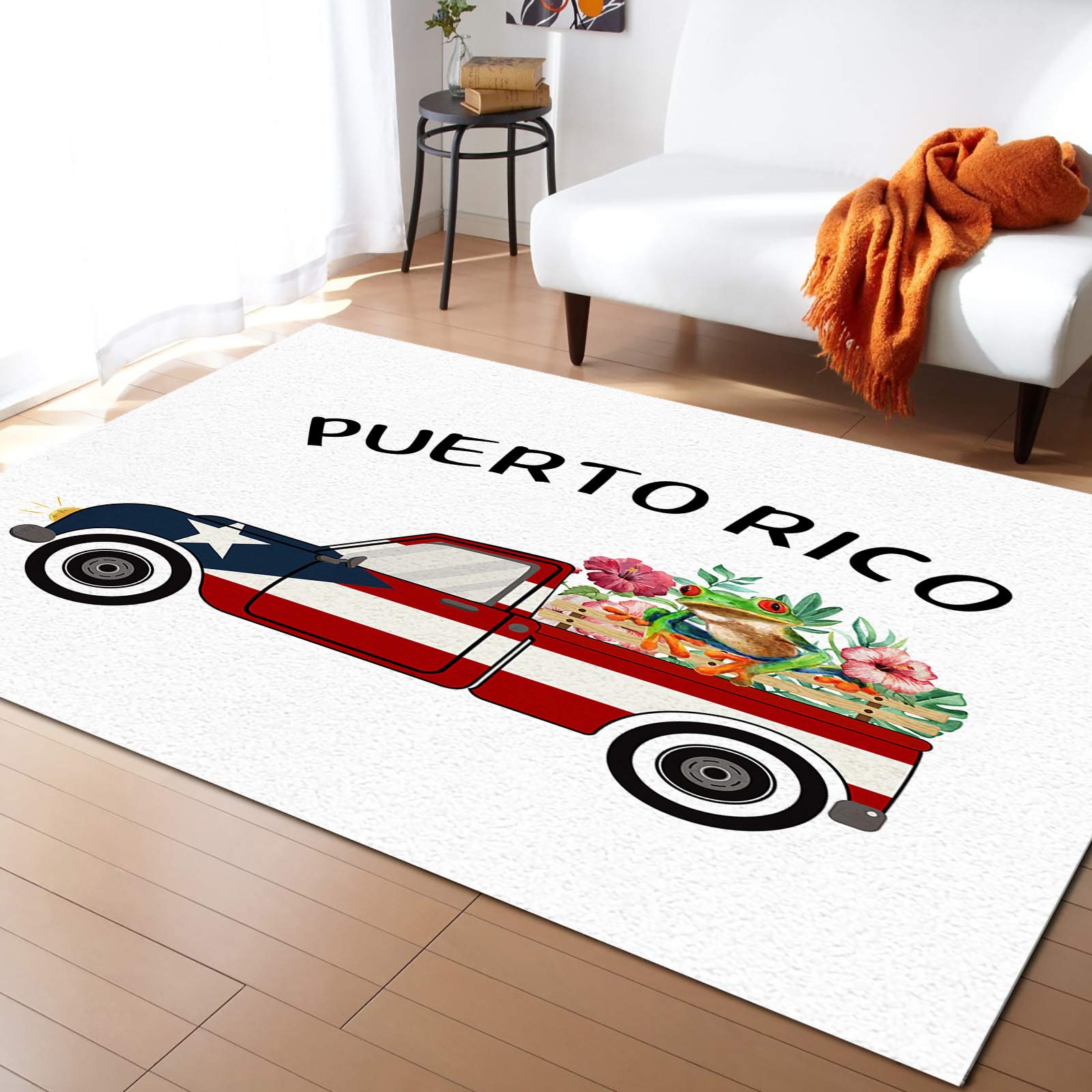5'x8' Washable Area Runner Rug - Farm Truck & Flower Frog Design for Indoor/Outdoor Use - Perfect for Kitchen, Living Room, Bathroom, Bedroom, Classroom & Laundry Room - Non-Slip Welcome Door Mat & Desk Rug (White)