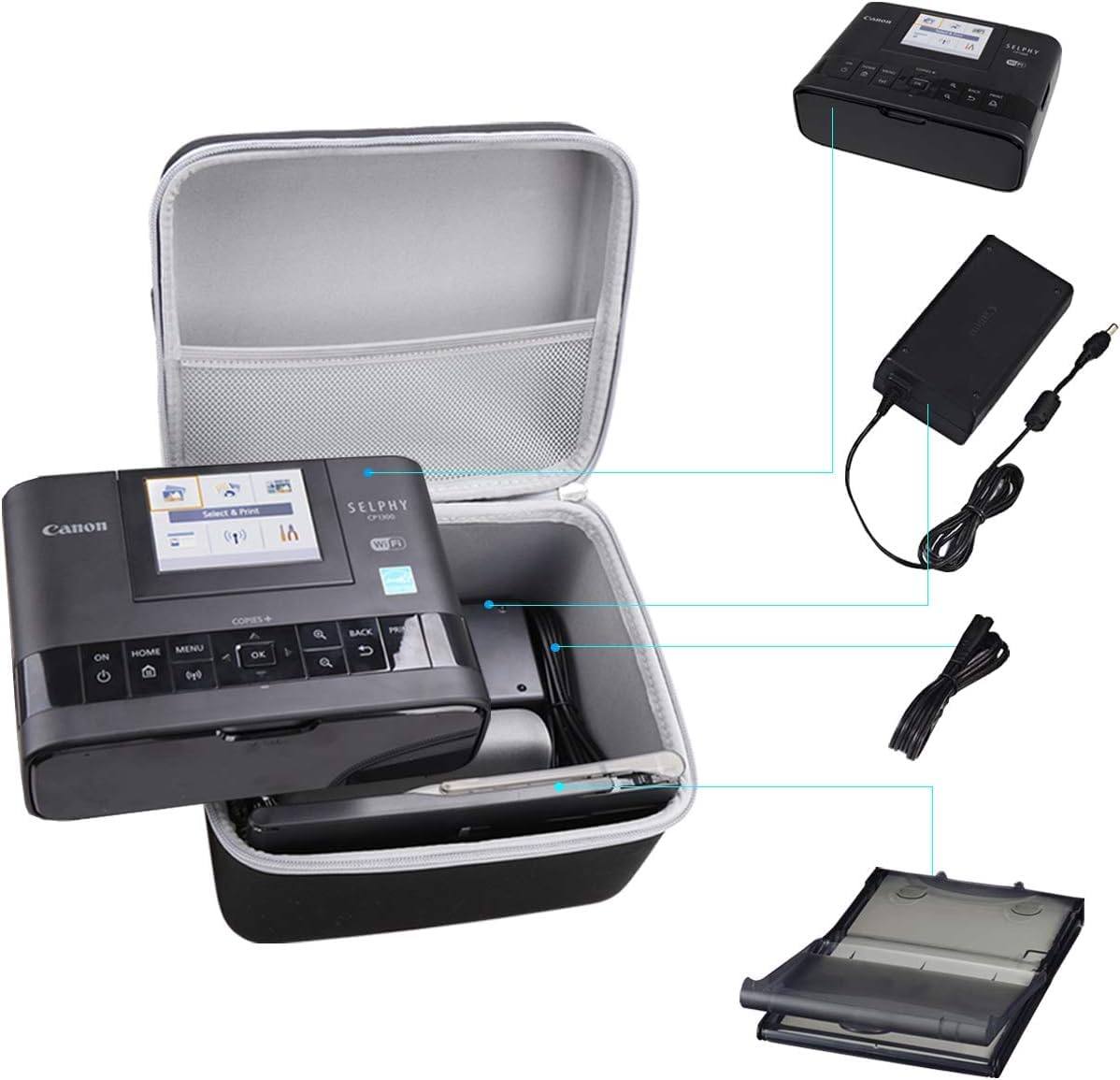 Canon Selphy CP1500 Wireless Compact Photo Printer with KP-108IN Ink Paper Set, Deluxe Photo Album, Hard Case & Cleaning Cloth (Black) - Perfect for Home Printing, Travel & Gift Giving