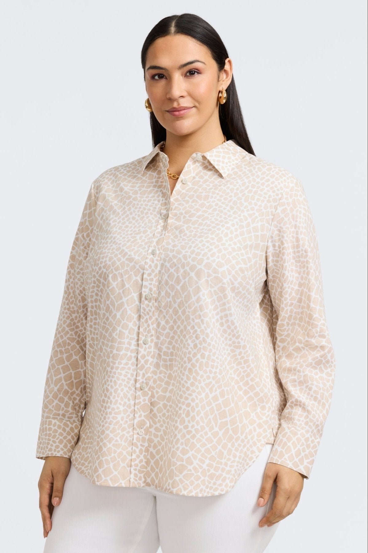 Meghan Plus Linen Giraffe Print Long Sleeve Shirt for Women - Casual Comfort Top for Work, Travel & Everyday Wear