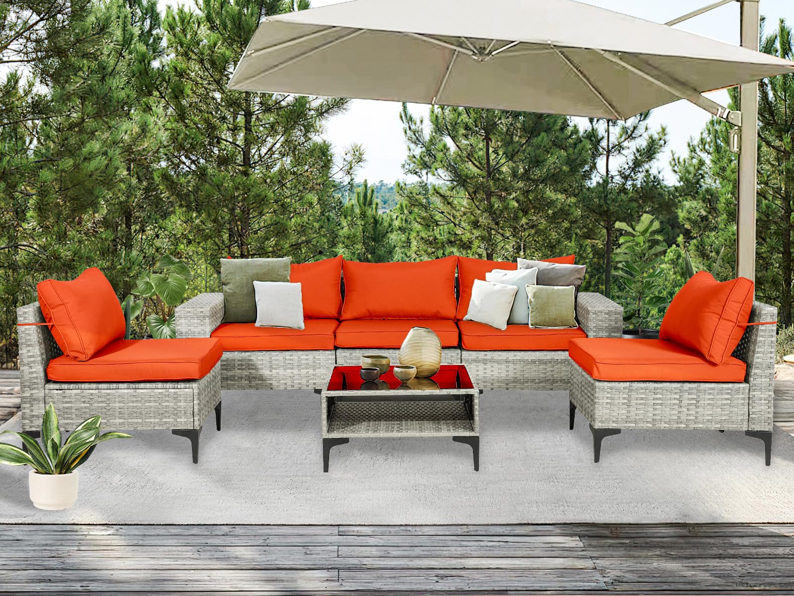 6-Piece Outdoor Sectional Sofa Set - All-Weather PE Rattan Wicker Patio Furniture with Thick Cushions for Poolside, Garden, Backyard - Orange | Perfect for Outdoor Entertaining, Lounging & Relaxation