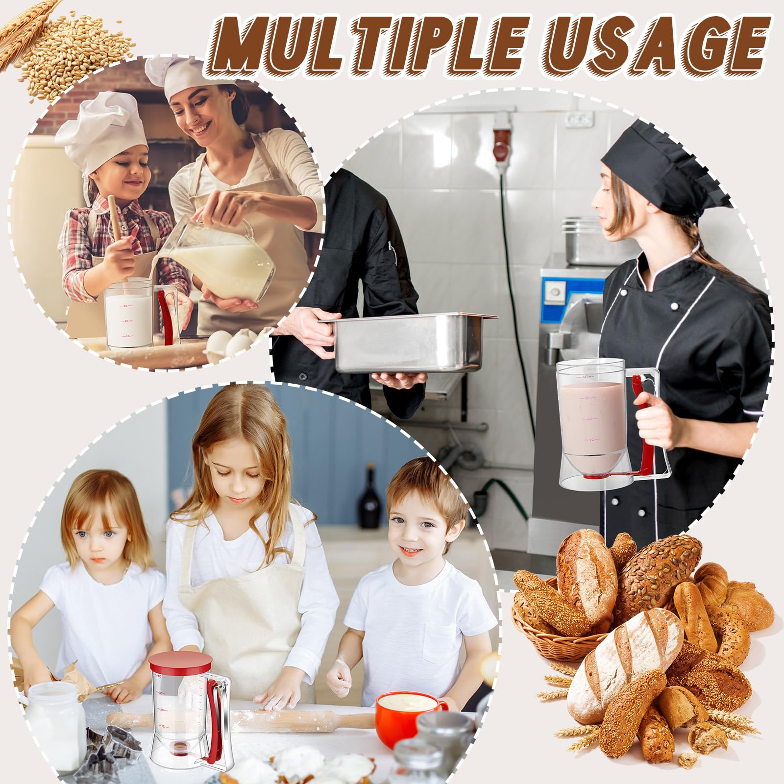 2 Pack Pancake & Cupcake Batter Dispenser with Squeeze Handle - 4 Cup Measuring Griddle Mix Dispenser - Perfect Baking Tool for Cookies, Cakes & Waffles (Red) - Ideal for Breakfast, Brunch & Party Dessert Preparation