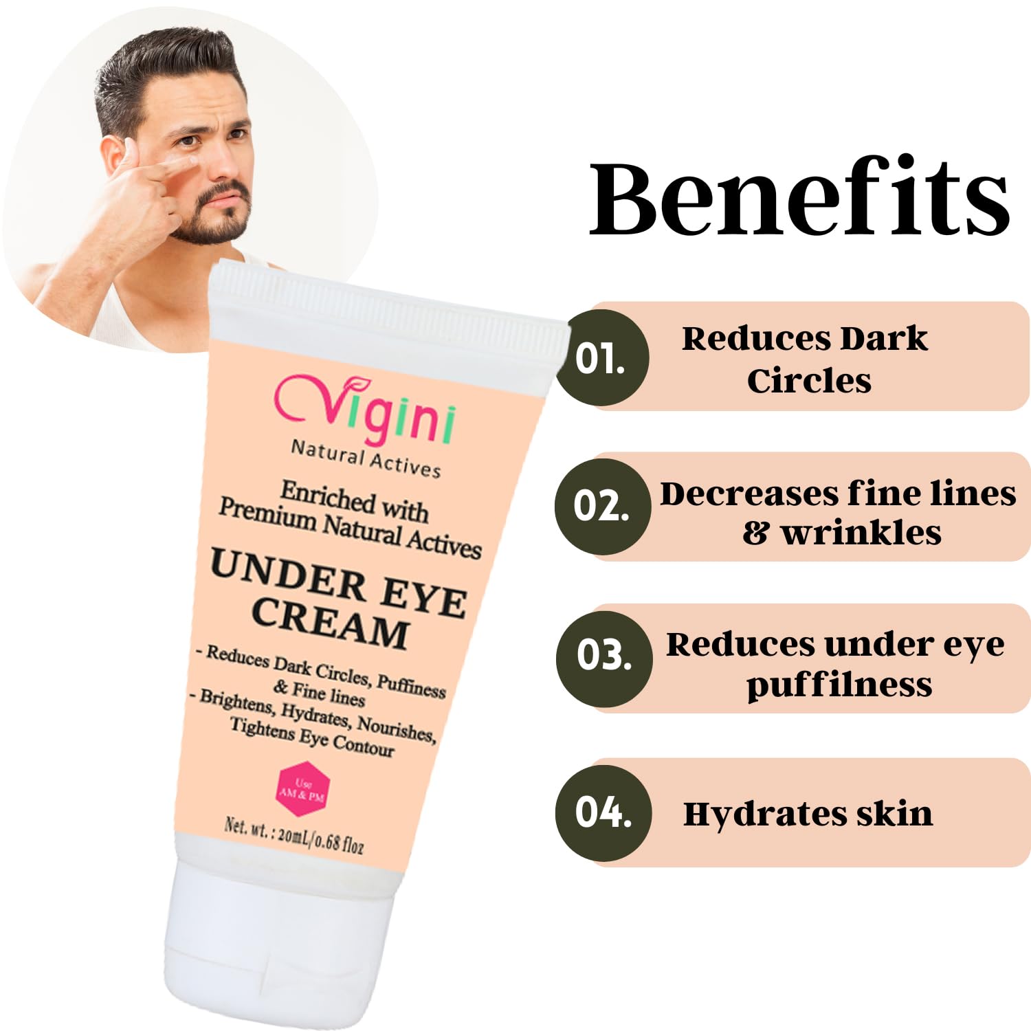 Vigini Under Eye Gel Cream for Dark Circles, Wrinkles & Puffiness - 20g Retinol Coffee Eye Treatment with Hyaluronic Acid & Vitamin C - Anti-Aging Eye Cream for Women & Men - Reduce Fine Lines & Lift Puffy Eyes - Perfect for Night Routine & Travel Skincare