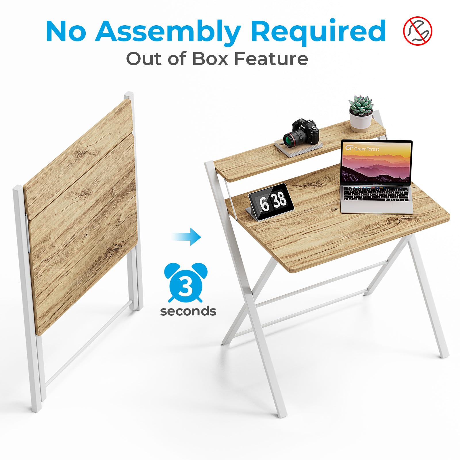GreenForest Folding Desk - No Assembly Required Small Computer Desk with 2-Tier Shelf | Space Saving Portable Laptop Table for Home Office, Study & Small Spaces | Oak Finish | Perfect for Dorm Rooms, Apartments & Workspaces