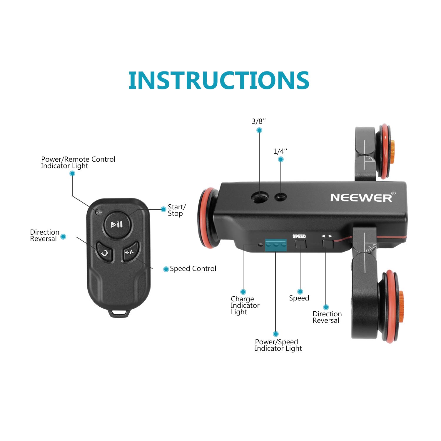 Neewer 3-Wheel Wireless Motorized Camera Dolly with Remote Control - 3-Speed Electric Track Slider for DSLR, Camcorder, GoPro, iPhone & Android Smartphones - Perfect for Smooth Video Shoots, Vlogging & Film Making