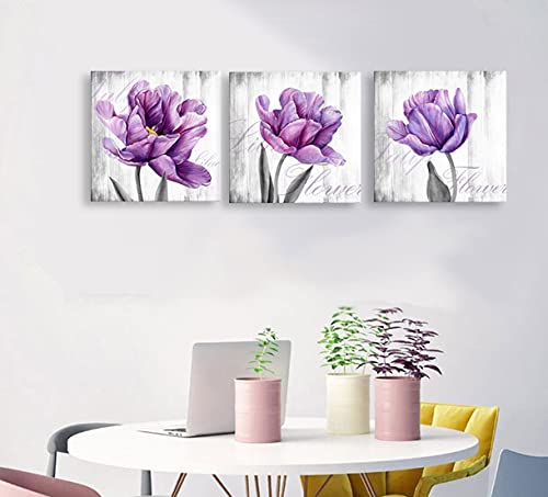 Framed Flower Wall Art Set - Purple & Grey Tulip Canvas Paintings for Bedroom & Living Room Decor (16x16 Inch x 3 Pieces, Lilac Tulips) | Floral Pictures, Home Art Prints, Gift Idea for Housewarming & Interior Design
