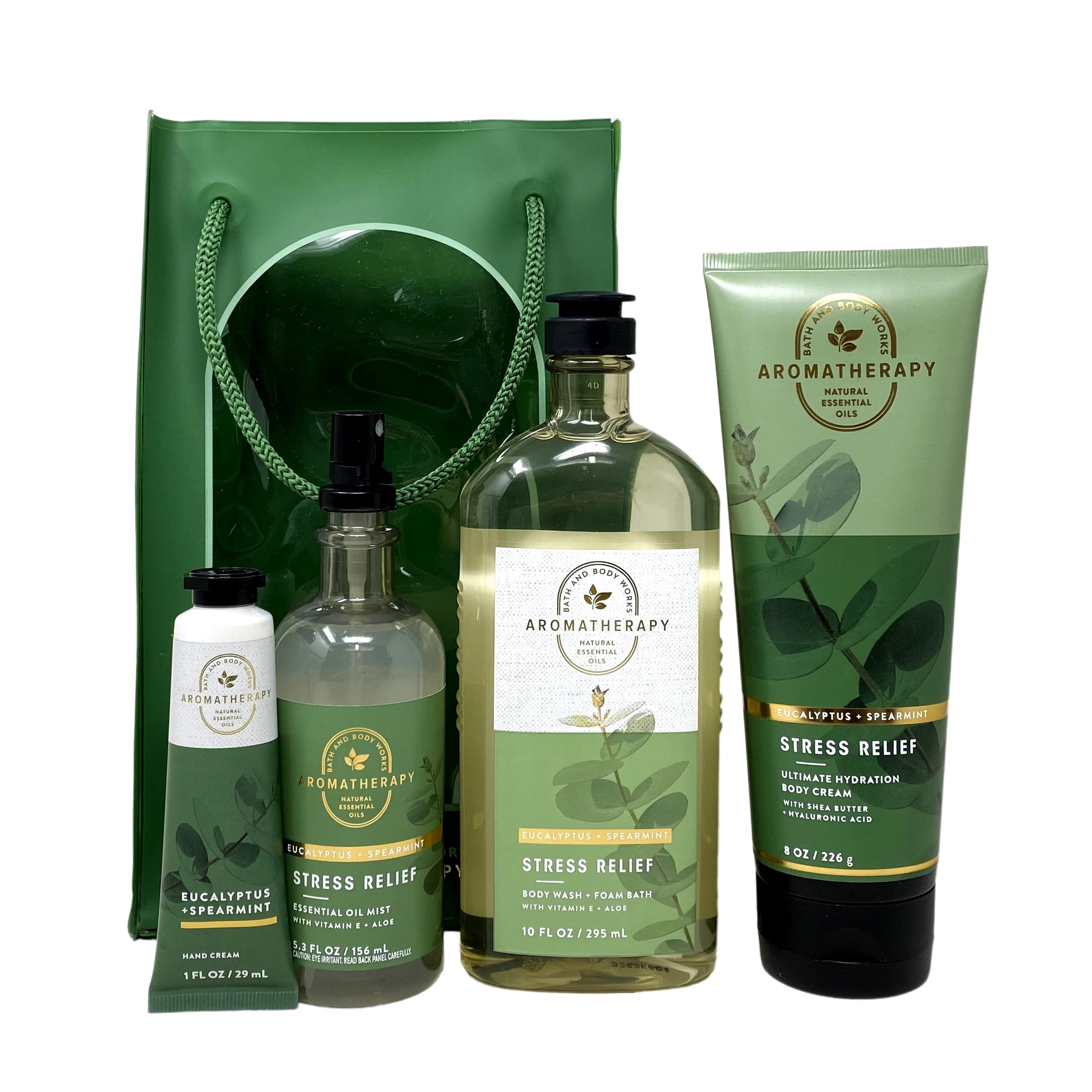 Aromatherapy Stress Relief Gift Set - Eucalyptus & Spearmint Scented Body Cream, Wash, Foam Bath, Essential Oil Mist & Hand Cream - Full Size Spa Collection for Relaxation & Self-Care