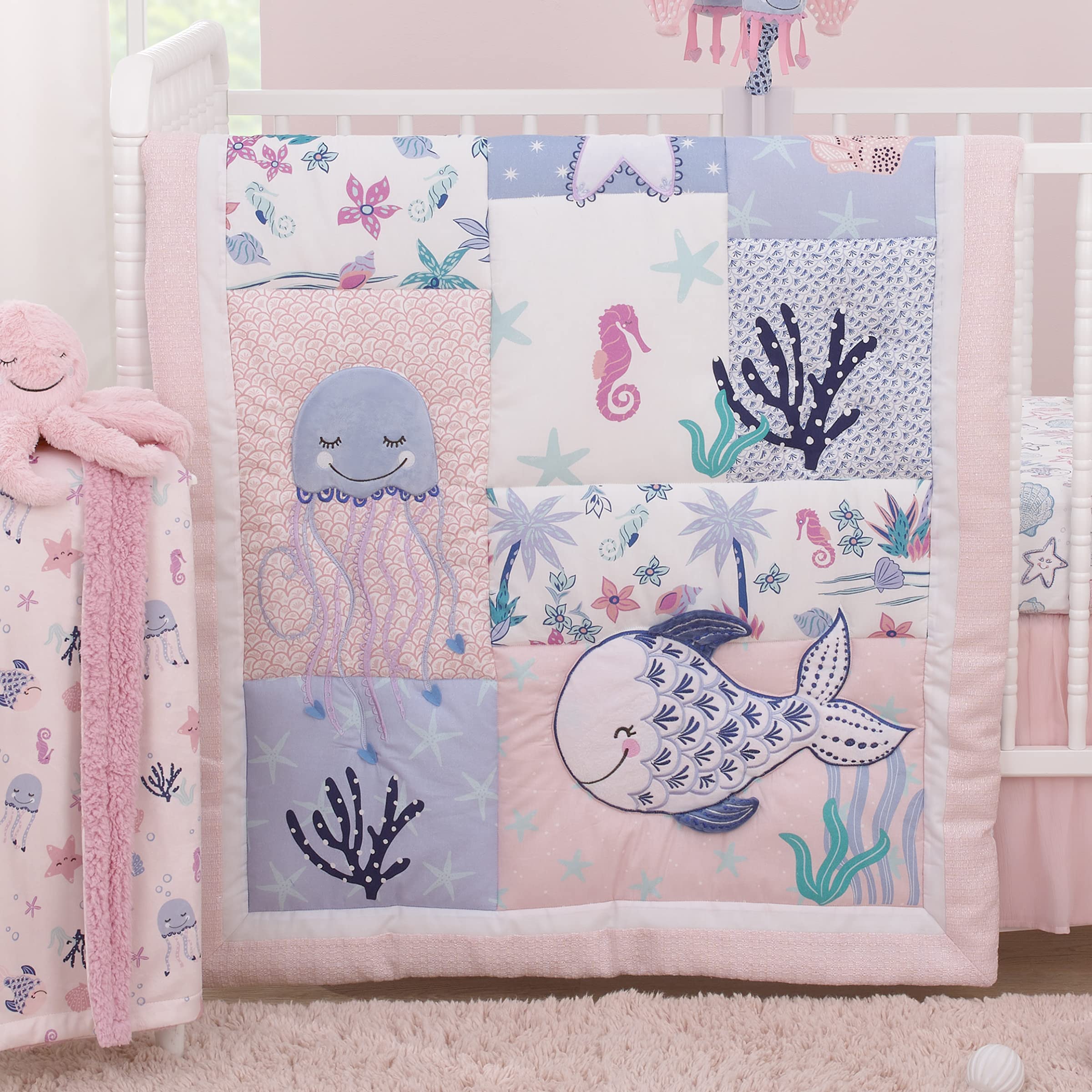 NoJo Mermaid Lagoon 4-Piece Nursery Crib Bedding Set - Pink Blue White Ocean Theme Baby Crib Set with Comforter, Fitted Sheet, Skirt & Storage Caddy | Perfect for Girls' Underwater Themed Nursery Decor & Baby Shower Gifts