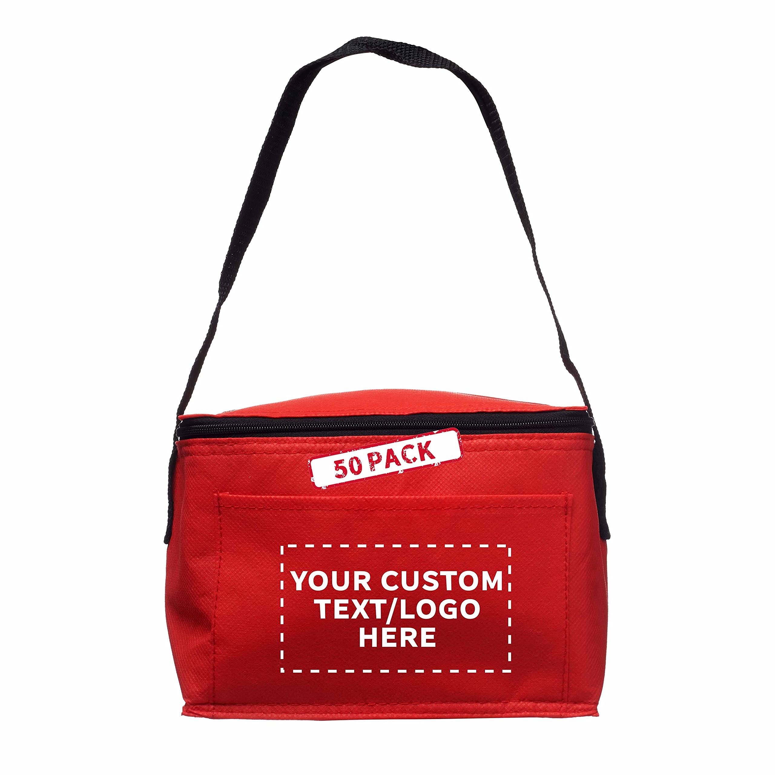 50 Pack Insulated Lunch Bags with Zipper Top - Custom Text & Logo Printing - Non-Woven Reusable Lunch Box Carrier - Vibrant Colors & Black Strap (Red) - Perfect for Office, School, Picnics & Meal Prep