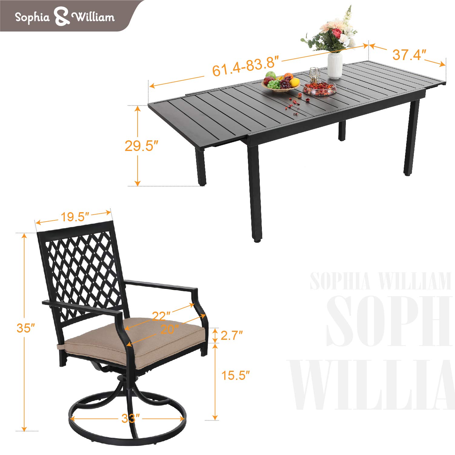 Sophia & William 9-Piece Outdoor Patio Dining Set - 8 Swivel Chairs & Expandable 6-8 Person Metal Table for Garden, Poolside, Backyard | Durable Weather-Resistant Furniture for Outdoor Entertaining