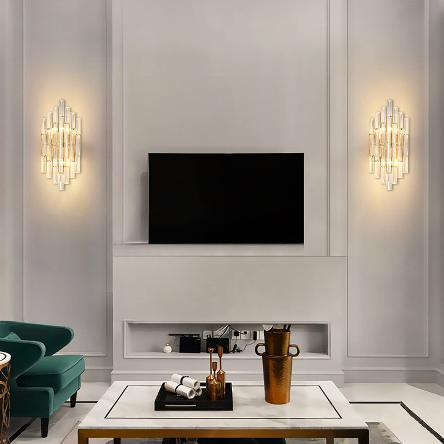 KCO Lighting Modern Crystal Wall Sconce Set of 2 - Gold Metal Wall Mounted Light Fixture with Clear Crystals for Bedroom, Living Room, Dining Room - Elegant Home Decor Lighting for Hallway, Entryway, and Interior Design (Gold-2PC)