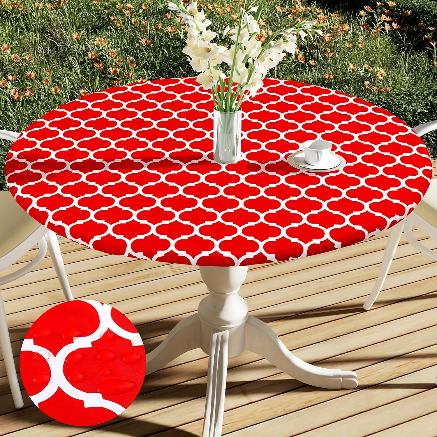 100% Vinyl Round Moroccan Tablecloth - Waterproof & Oil Proof with Flannel Backing, Elastic Edges for Indoor, Outdoor, Patio, Picnic, Camping - Perfect for Dining, BBQs, and Outdoor Gatherings