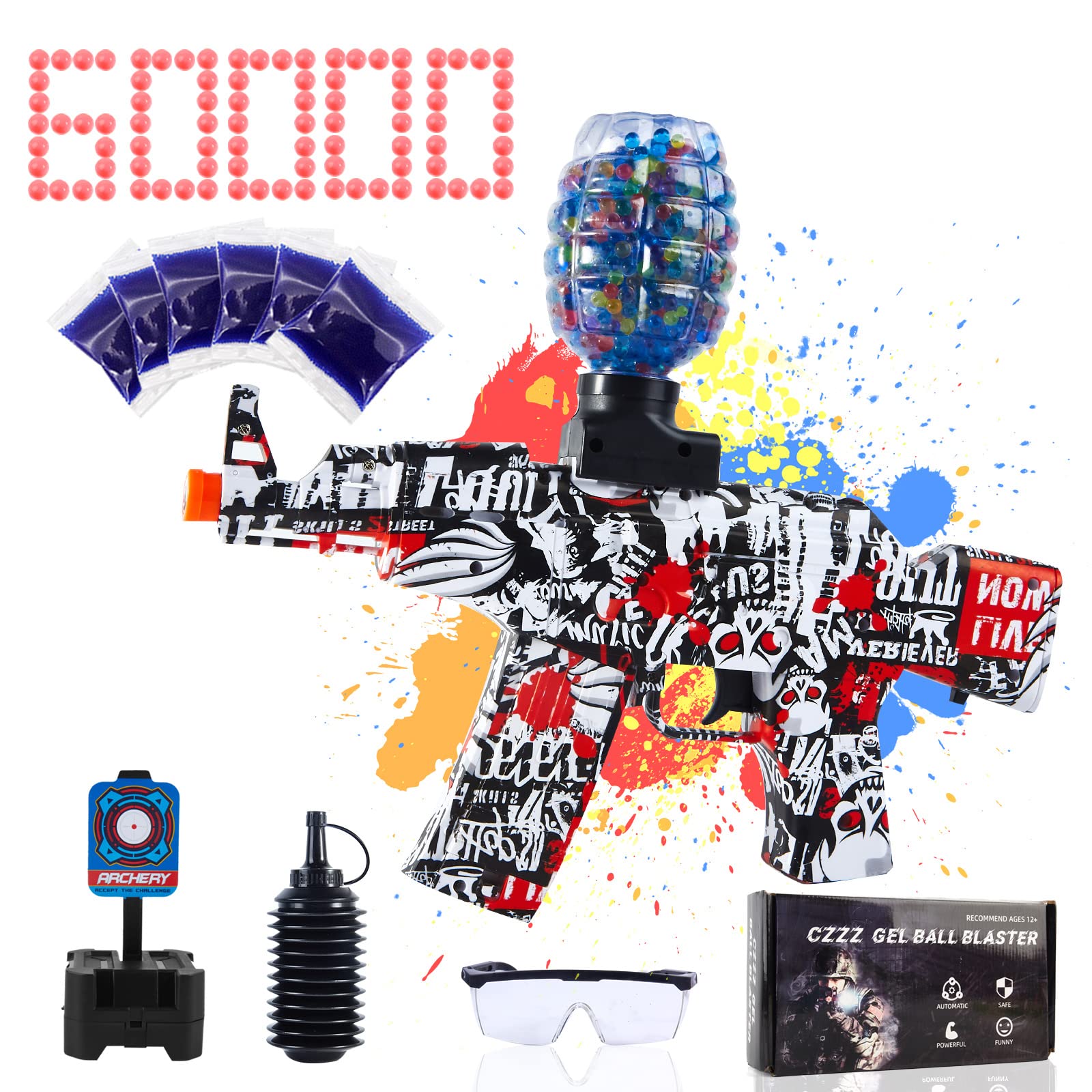 Electric Gel Ball Blaster AK Splatter R Toy Gun - Automatic Camouflage Red with 60,000 Water Gel Beads, Goggles & Shooting Target - Perfect for Outdoor War Games, Team Battles & Backyard Shooting Fun (Ages 12+)